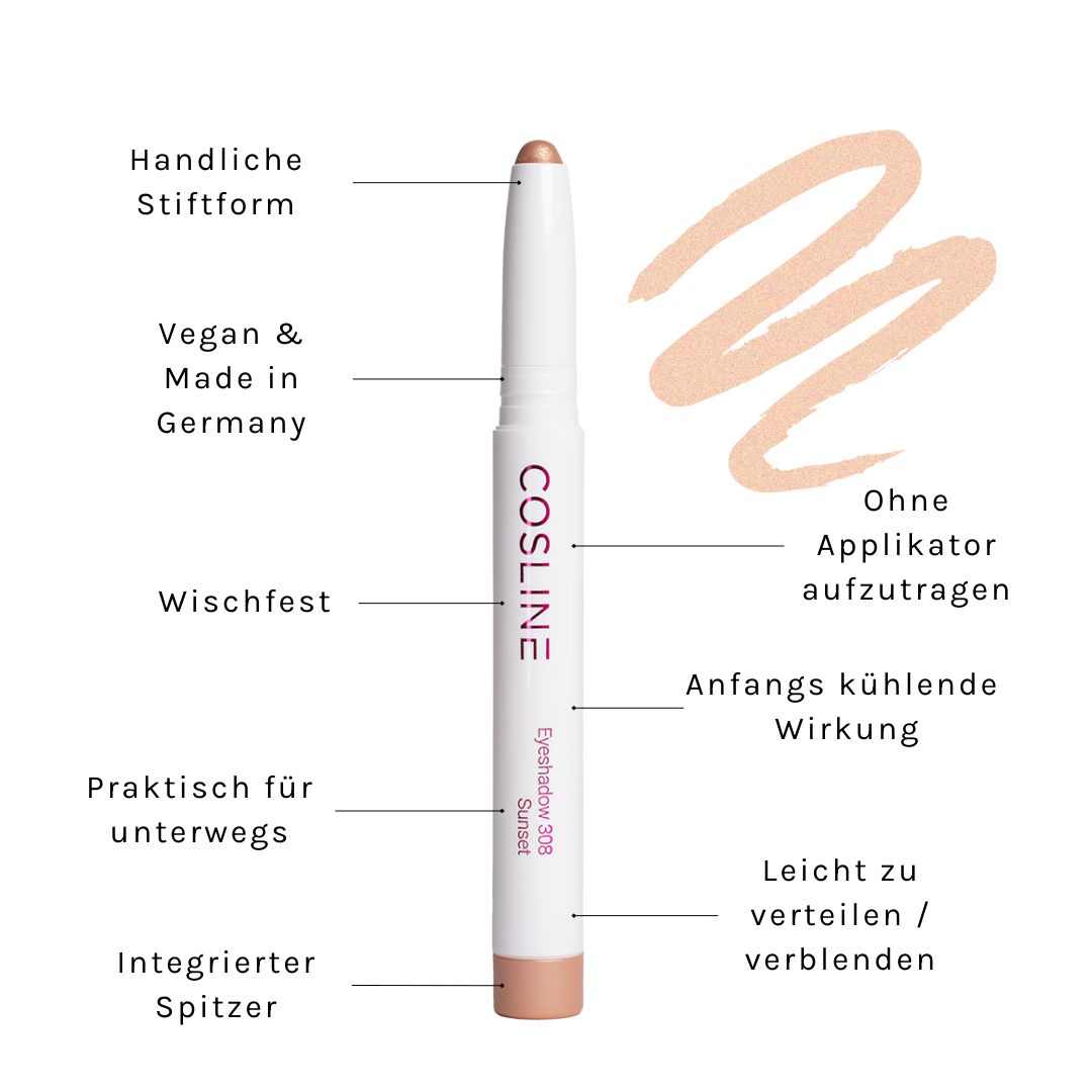 Weißer Stift-Lidschatten von Cosline. Aufschrift: "Eyeshadow 308 Sunset". Vegan & Made in Germany. Mit integriertem Spitzer.
