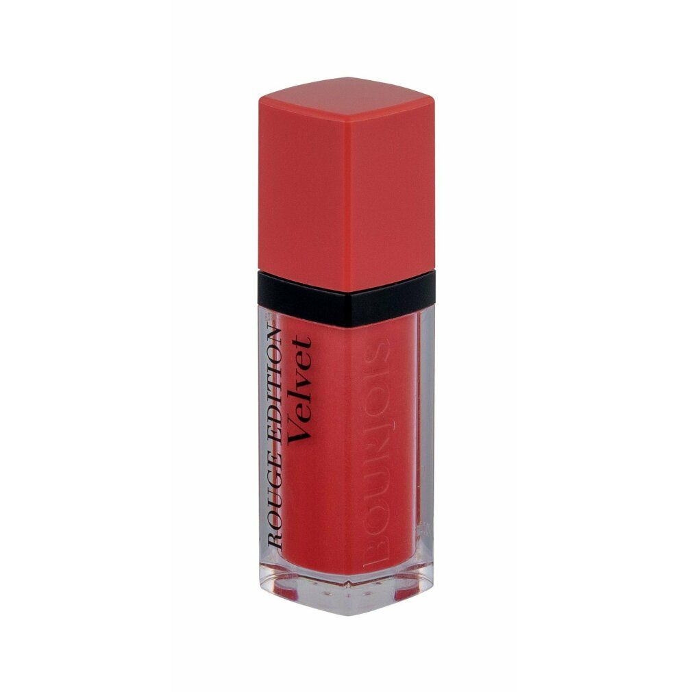 Roter Lippenstift. Transparente Hülle, schwarzer Streifen. Roter Deckel. Schriftzug: Rouge Edition Velvet.