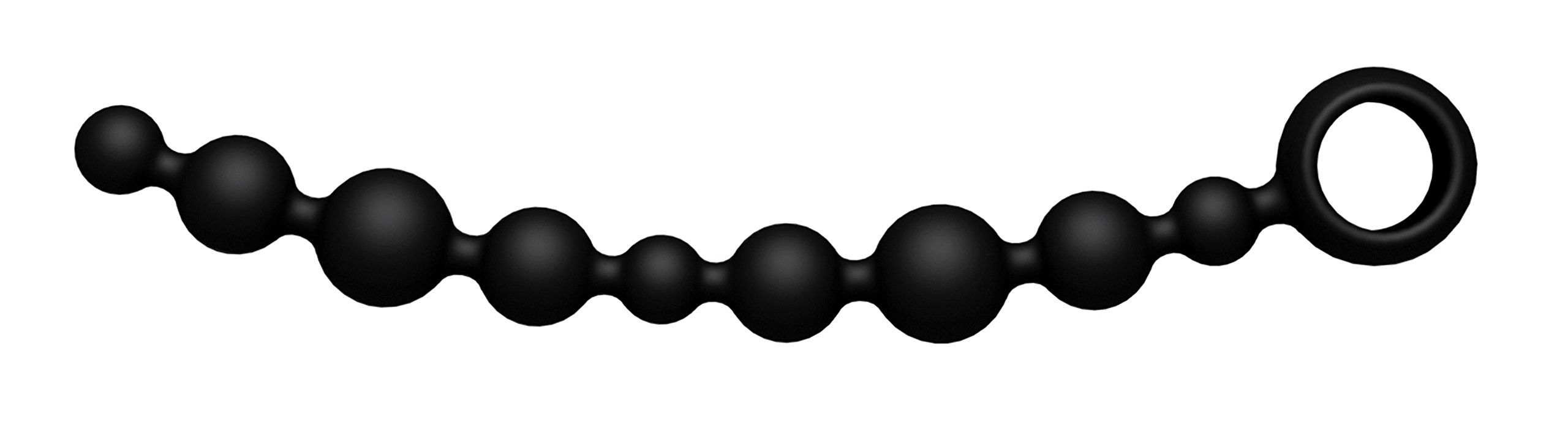 Schwarze Perlenkette mit abnehmendem Durchmesser und Ring am Ende.