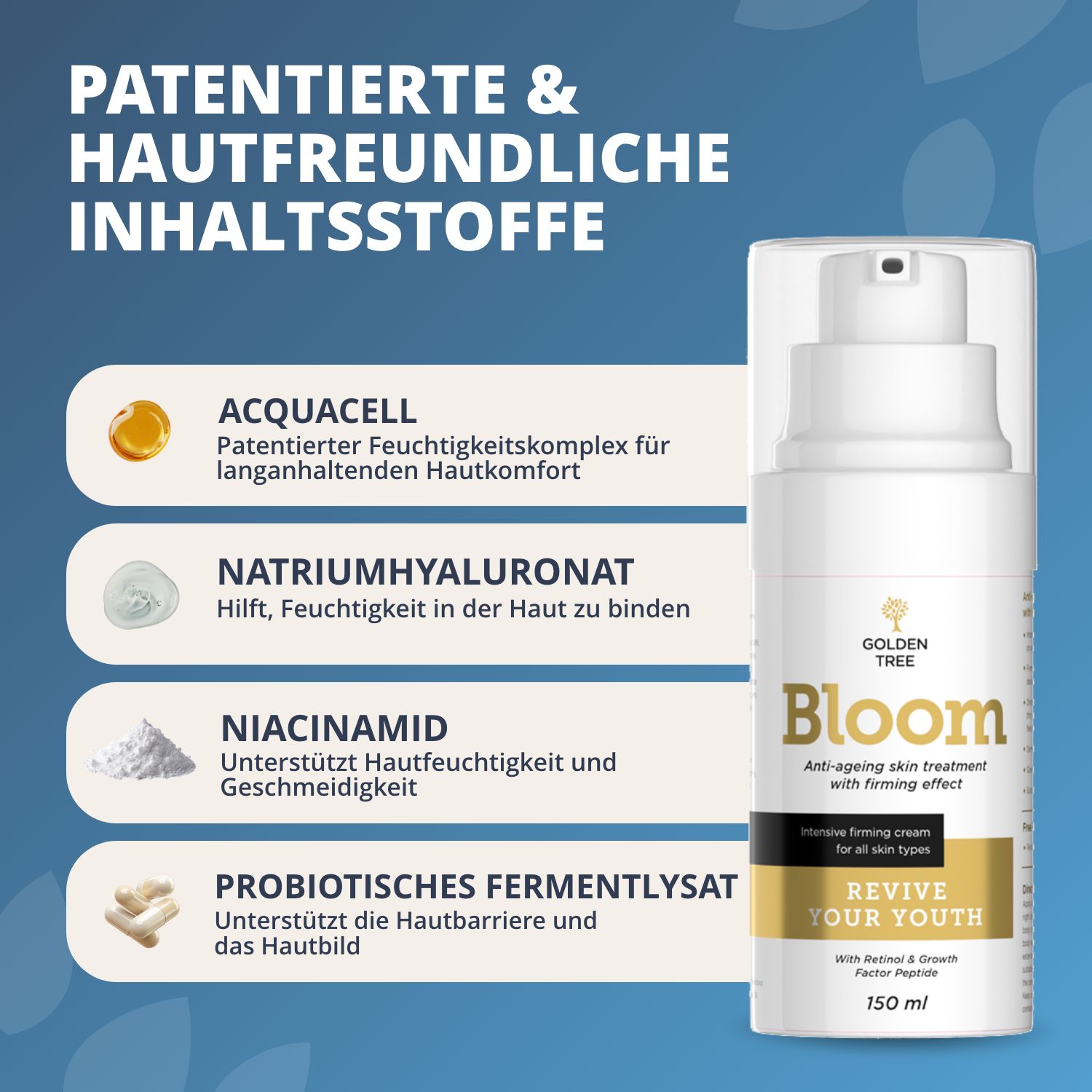 Golden Tree Bloom Anti-Aging Creme in weißer Spenderflasche. Links eine Liste mit Inhaltsstoffen und deren Wirkung.