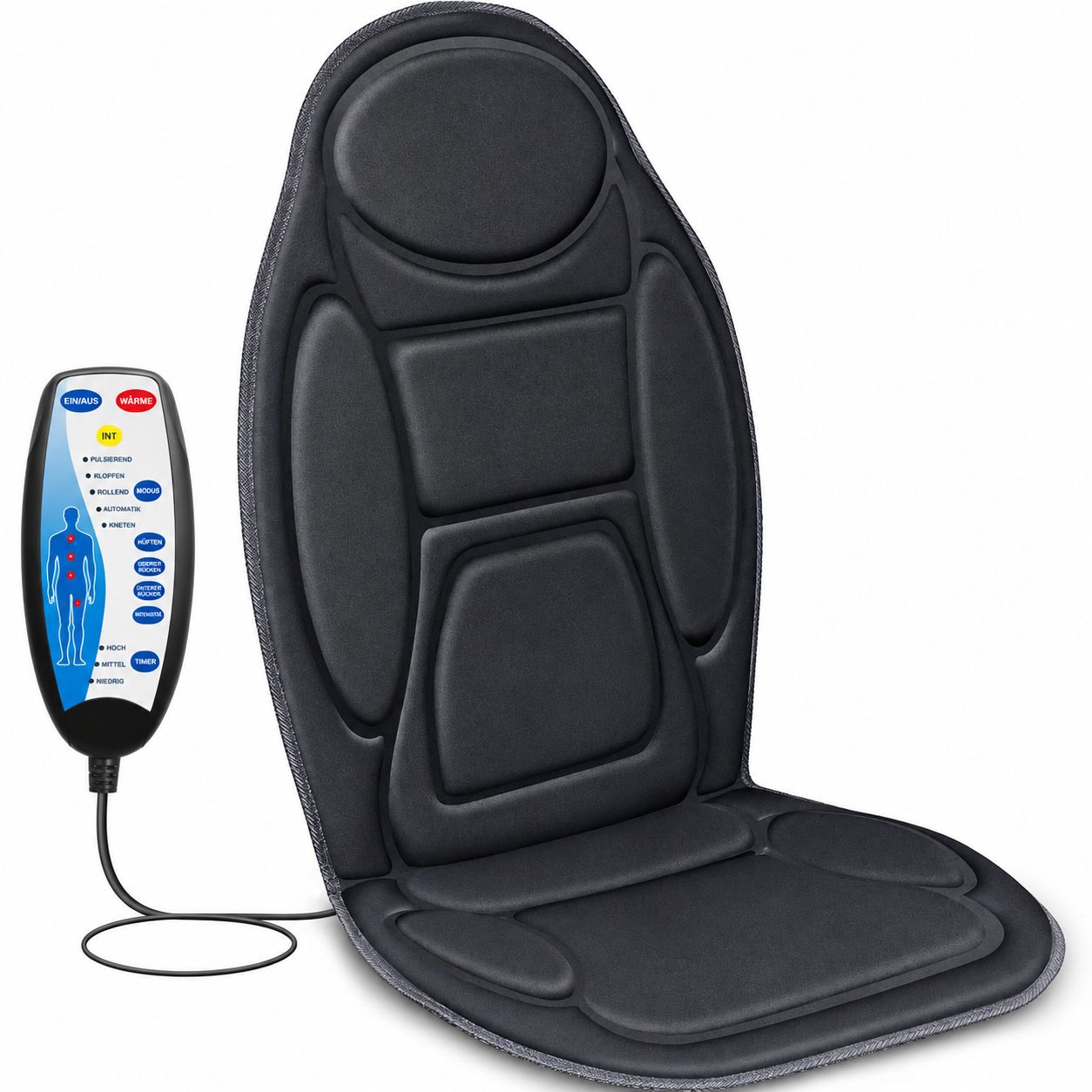 Graue Massage-Sitzauflage mit gepolsterten Segmenten und einer Fernbedienung.