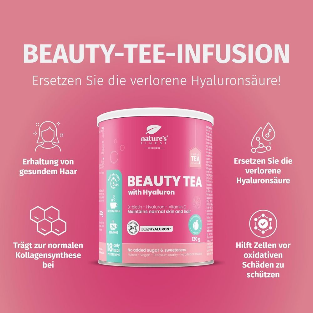 Dose Nature's Finest Beauty Tea mit Hyaluron, umgeben von Icons zu Haaren und Haut.