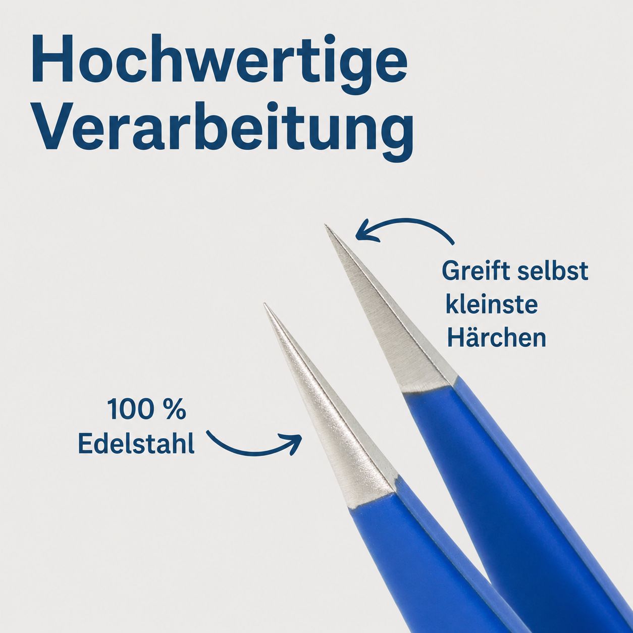 Nahaufnahme der feinen Spitze einer blauen REMOS Pinzette aus 100% Edelstahl.