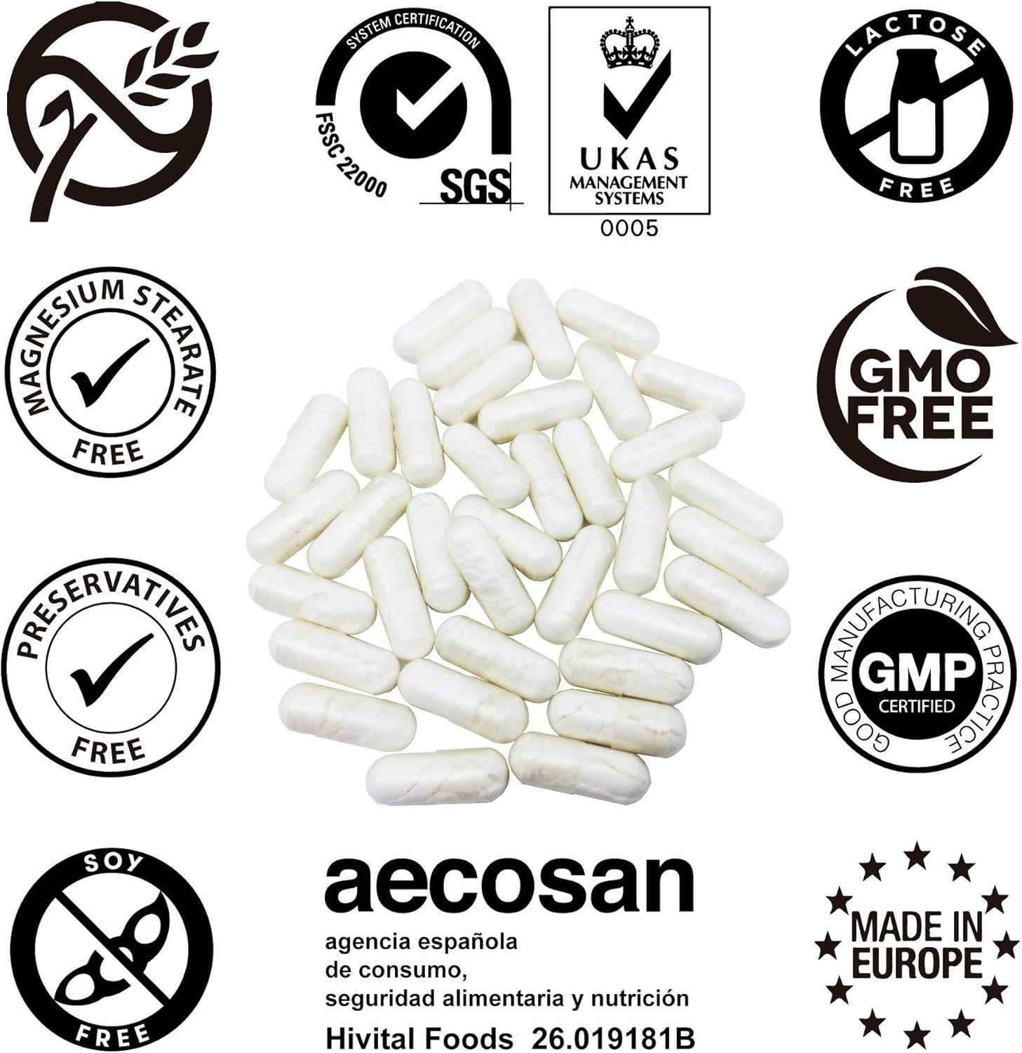 Haufen weißer Kapseln. Verschiedene Siegel und Logos, darunter 'GMO Free' und 'Made in Europe'.