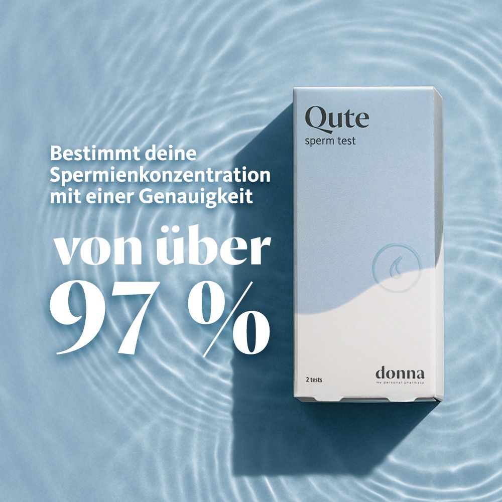 Qute Sperm Test-Verpackung. Aufschrift "Qute sperm test", "2 tests" und "Donna". Text: Bestimmt die Spermienkonzentration mit über 97% Genauigkeit.