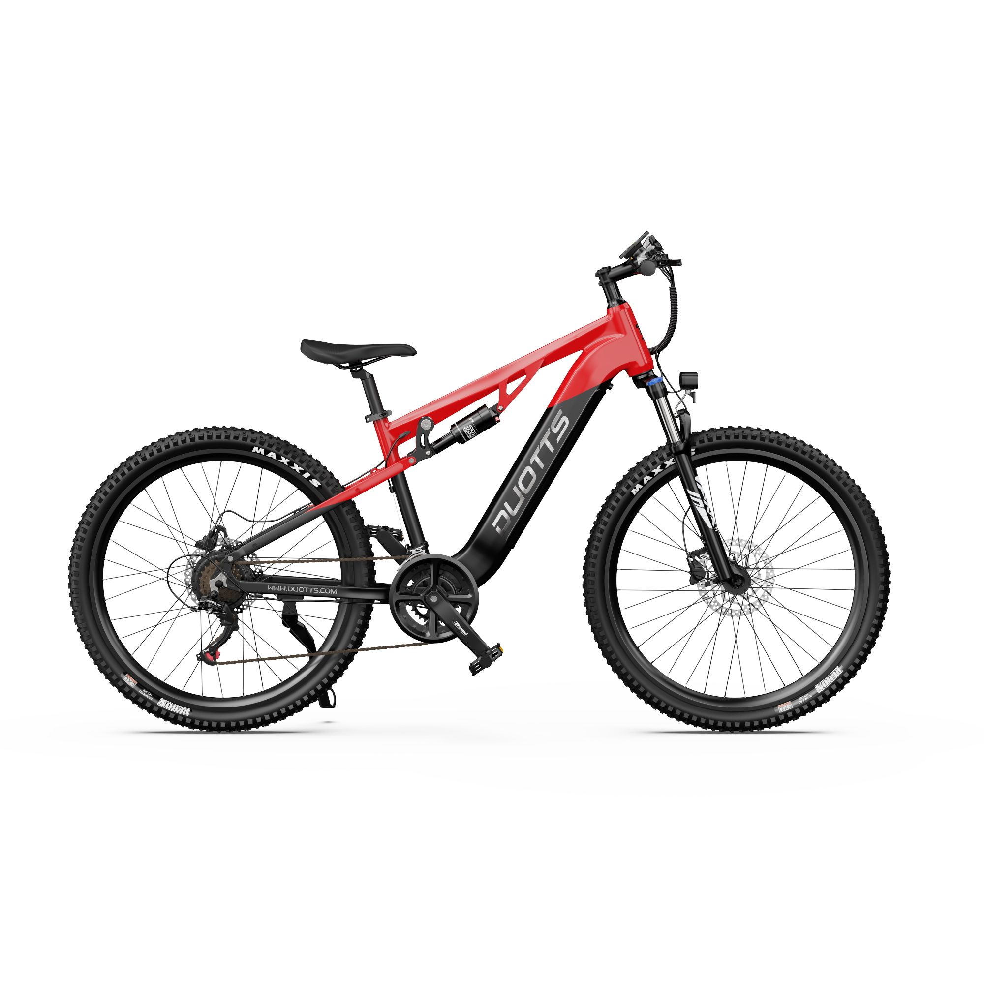 Rotes und schwarzes E-Mountainbike. Sichtbar sind Räder, Rahmen, Sattel und Lenker. Marke DUOTTS.