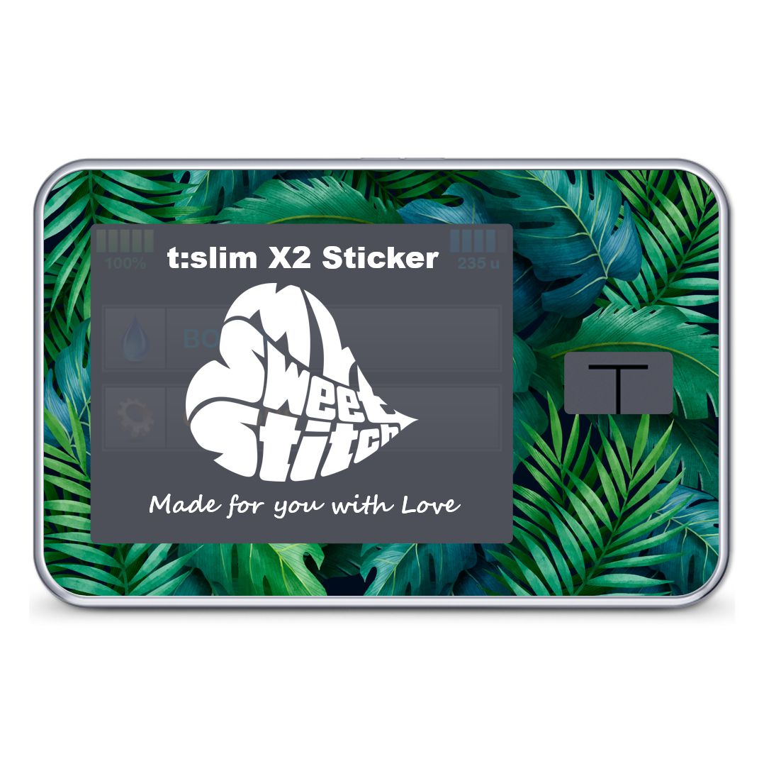 Tandem t:slim X2 Sticker mit tropischem Blattmuster. Bildschirm mit Anzeige. Logo MySweetStitch.