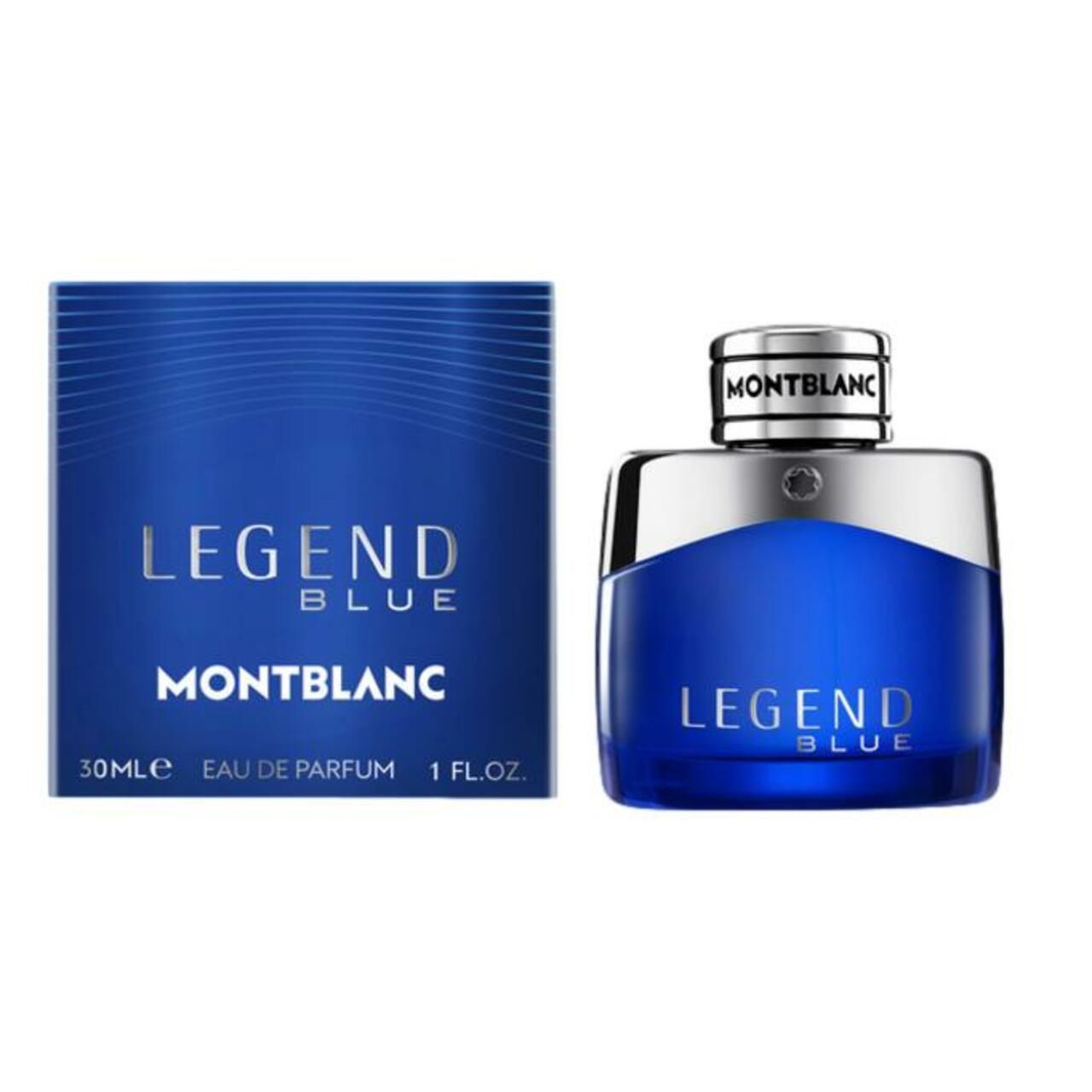 Blauer Flakon und Schachtel. Aufschrift LEGEND BLUE, MONTBLANC. 30ml Eau de Parfum. EdP Nat. Spray.