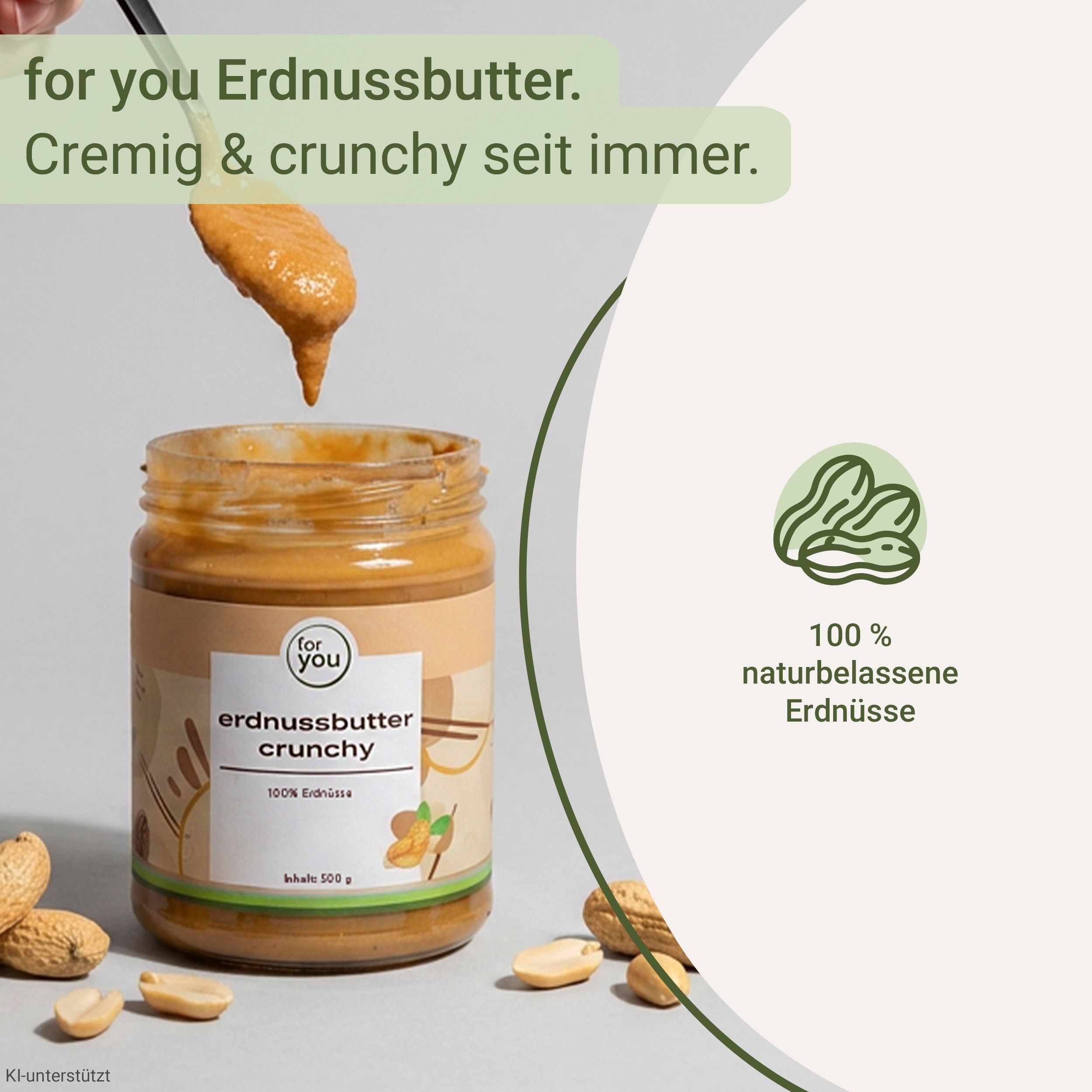 Glas Erdnussbutter Crunchy, daneben eine Nahaufnahme von Erdnüssen und ein Icon für 100% Erdnüsse.