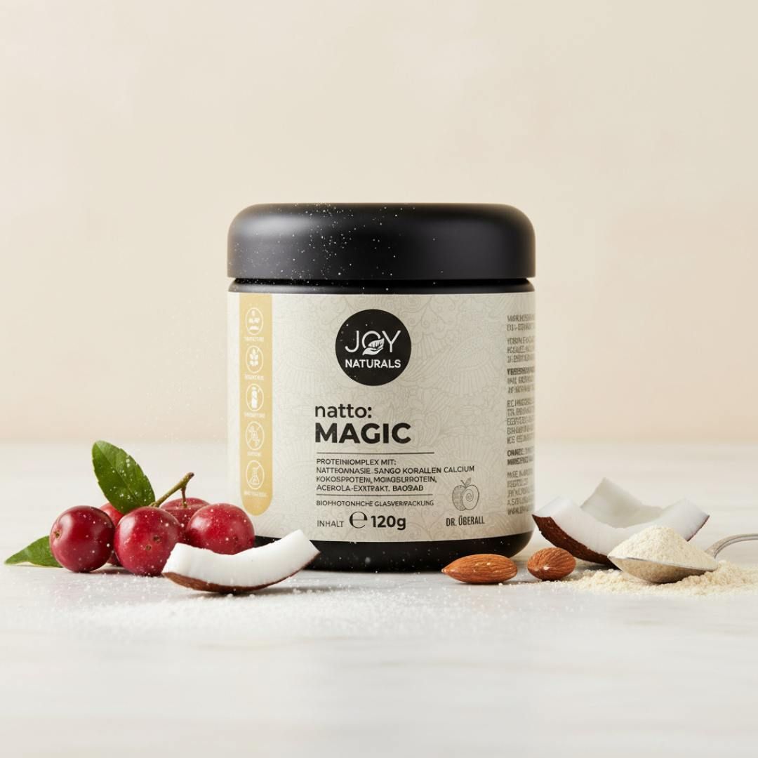 Schwarzes Glas mit JOY NATURALS natto:MAGIC. Daneben Kirschen, Kokosnuss und Mandeln.