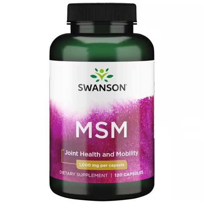 Grüne Flasche mit weißem Etikett. Aufschrift: SWANSON MSM. Zusatz für Gelenkgesundheit und Mobilität. 1000 mg pro Kapsel. 120 Kapseln.