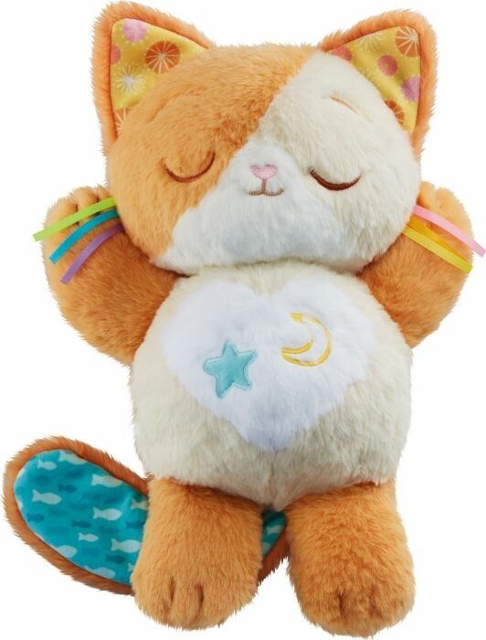 Kuscheltier Katze, orange-weiß, mit geschlossenen Augen. Bauch mit Stern und Mond. Bunte Bänder an den Ohren. Blaue Füße.