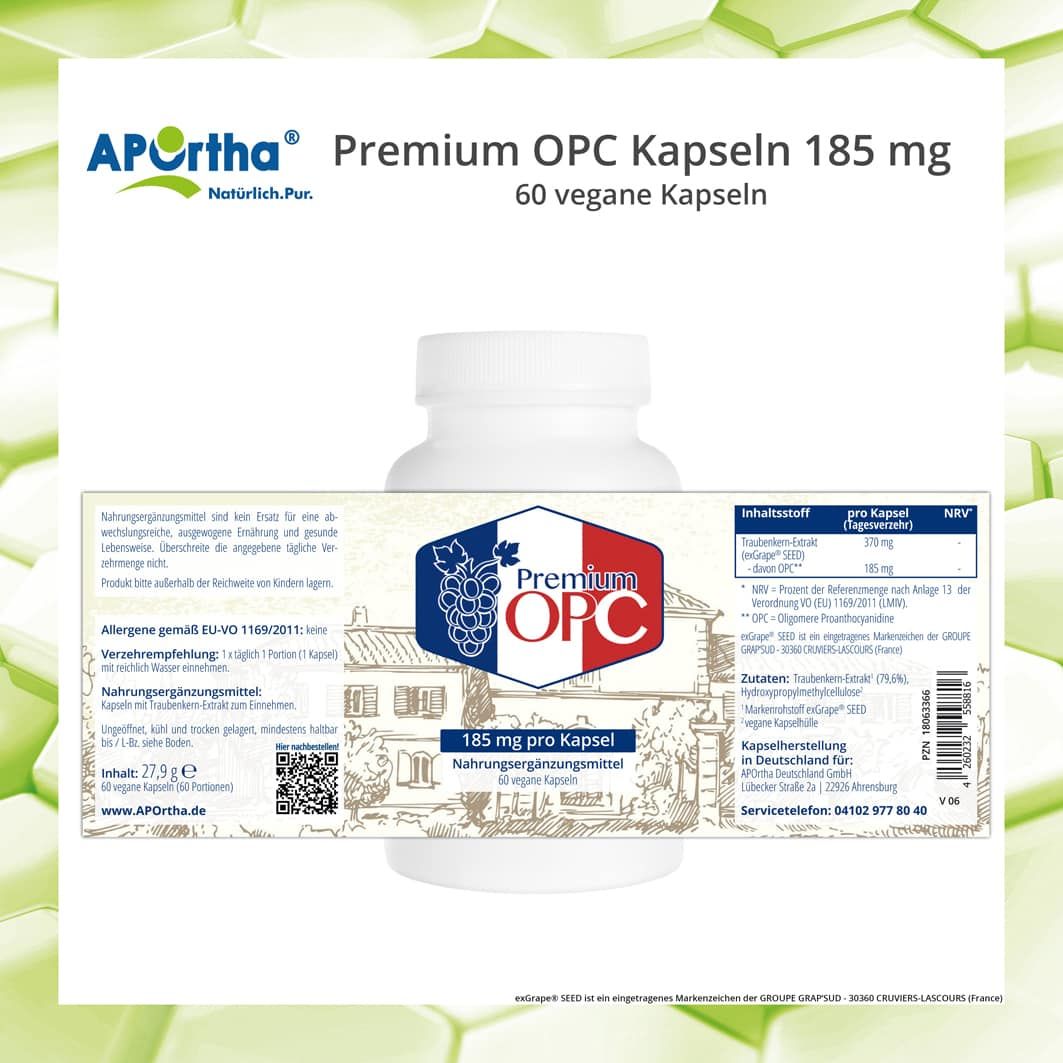 Weiße Flasche mit Etikett: Premium OPC Kapseln 185 mg, 60 vegane Kapseln. Inhaltsstoffe, Nährwertangaben, Herstellerinformationen, Chargennummer, QR-Code.
