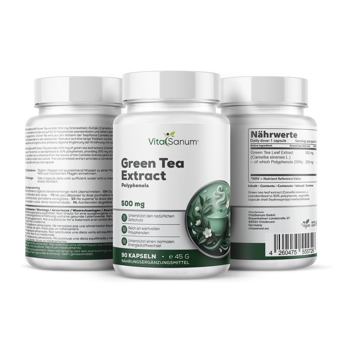 Drei Flaschen VitaSanum Grüner Tee Extrakt Kapseln, 500 mg. Vorderansicht und Rückseitenetiketten sichtbar.