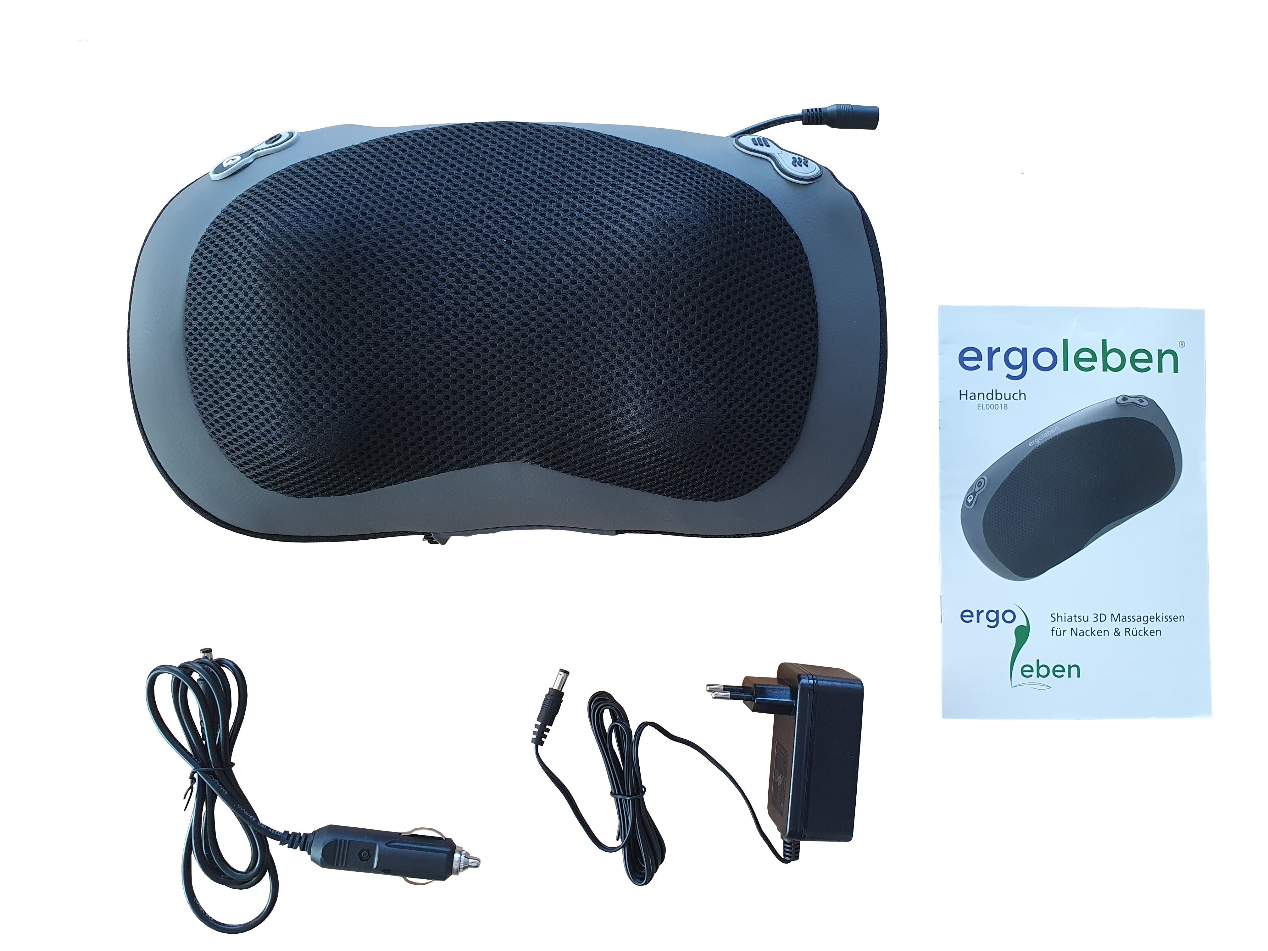 Graues Massagekissen, Netzbezug, Bedienknöpfe. Zubehör: Netzteil, Autoadapter, Handbuch.