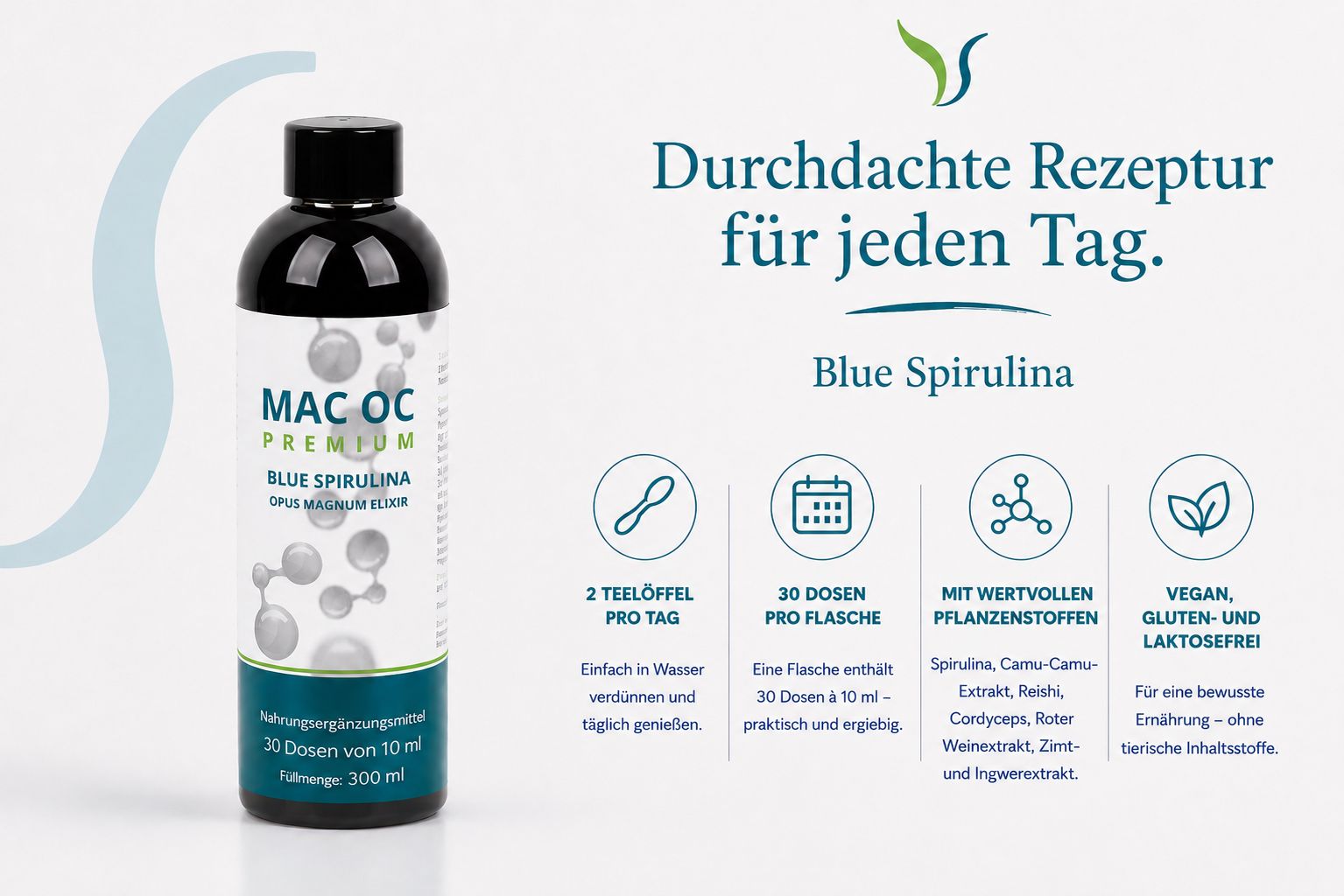 Flasche des Produkts neben Anwendungshinweisen. Icons für 30 Dosen, einfache Dosierung, vegan und laktosefrei.