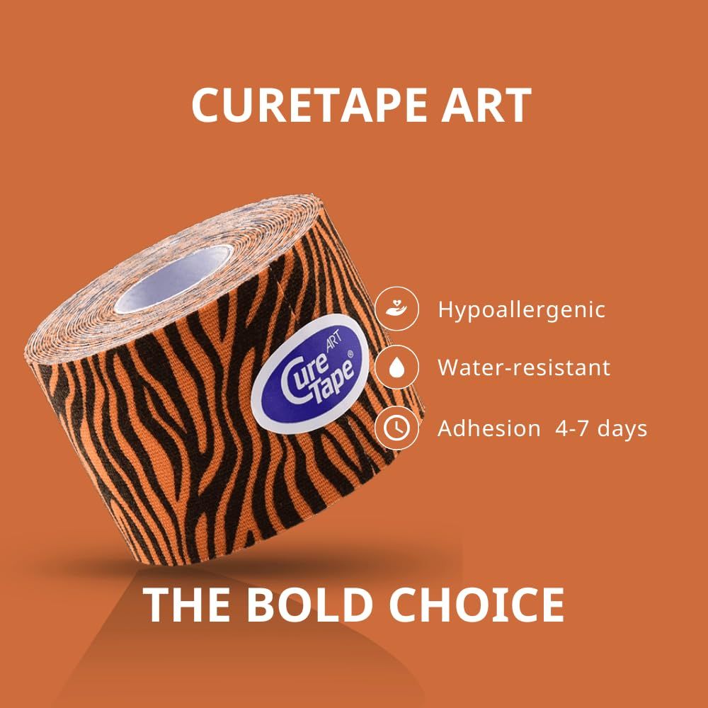 Rolle CureTape Art Tiger. Orange mit schwarzen Streifen. Eigenschaften: hypoallergen, wasserfest, Haftung 4-7 Tage. Text: The Bold Choice.