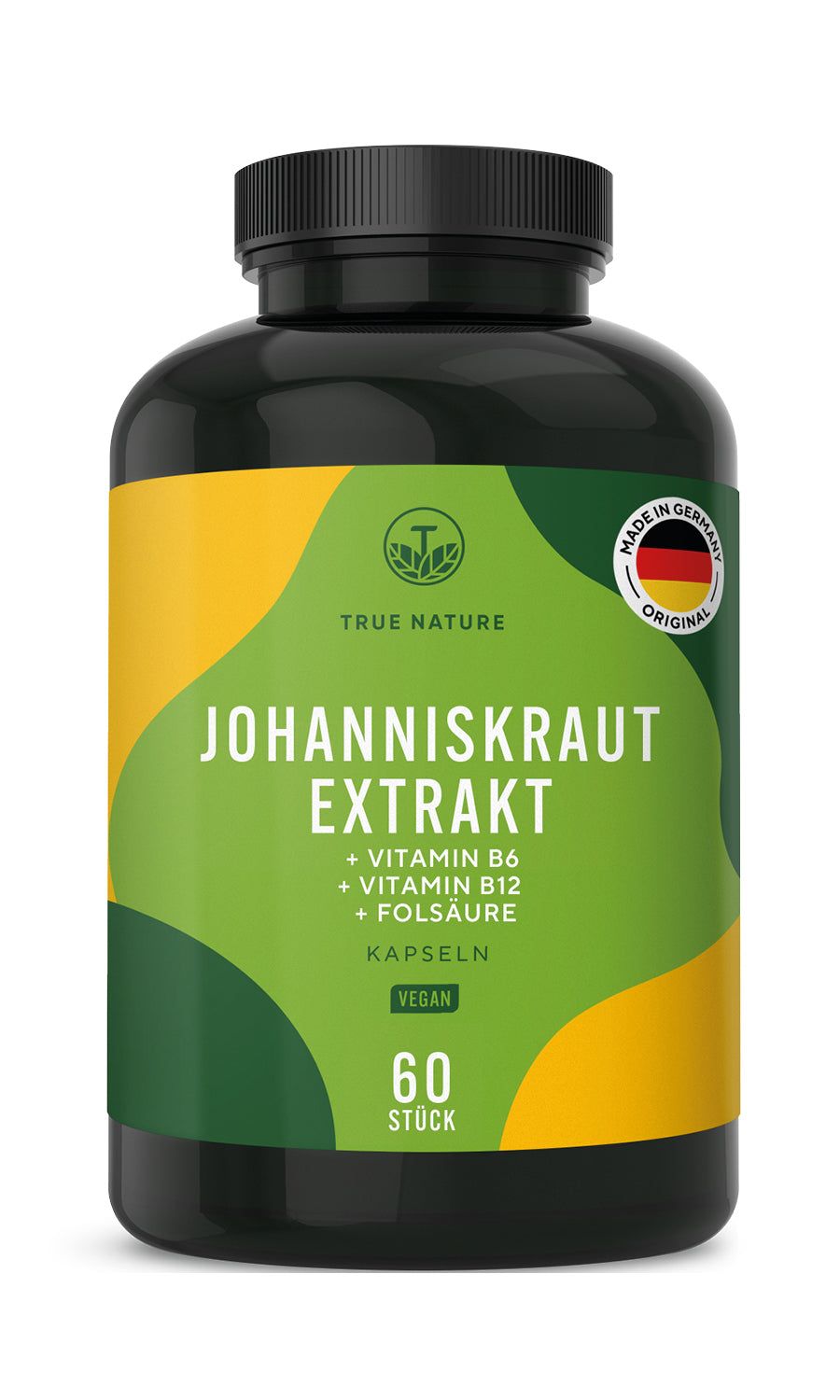 Schwarze Flasche mit gelb-grünem Etikett. Text: Johanniskraut Extrakt, Vitamin B6, B12, Folsäure, Kapseln, 60 Stück. Siegel: Made in Germany.