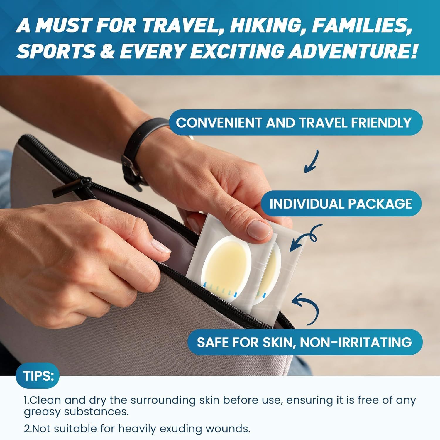 Hand öffnet eine Tasche. Text: Ein Muss für Reisen, Wandern, Familien, Sport & jedes aufregende Abenteuer! Einzelverpackung. Sicher für die Haut.