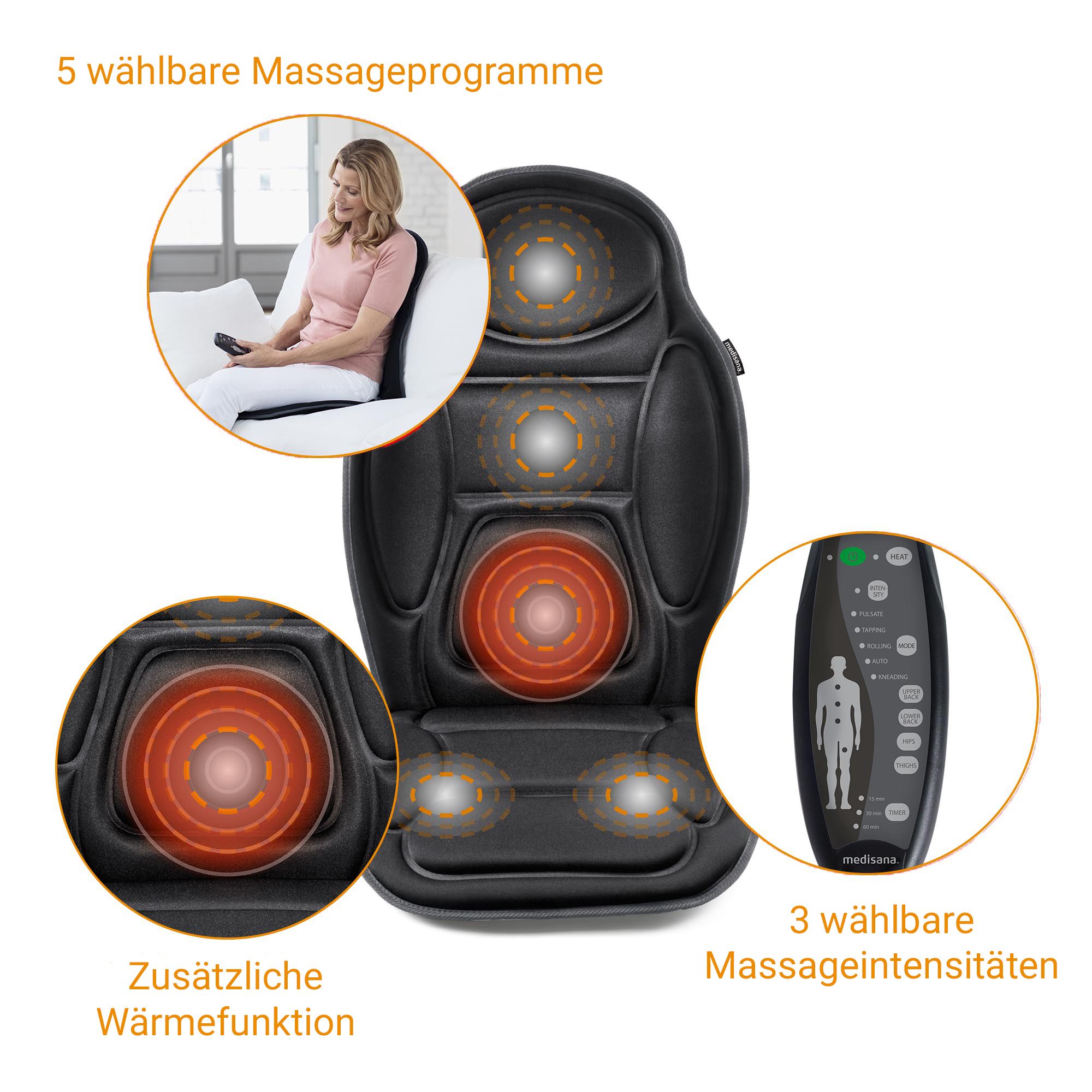 Massagesitzauflage mit 5 Programmen, zusätzlicher Wärmefunktion und 3 Intensitäten.