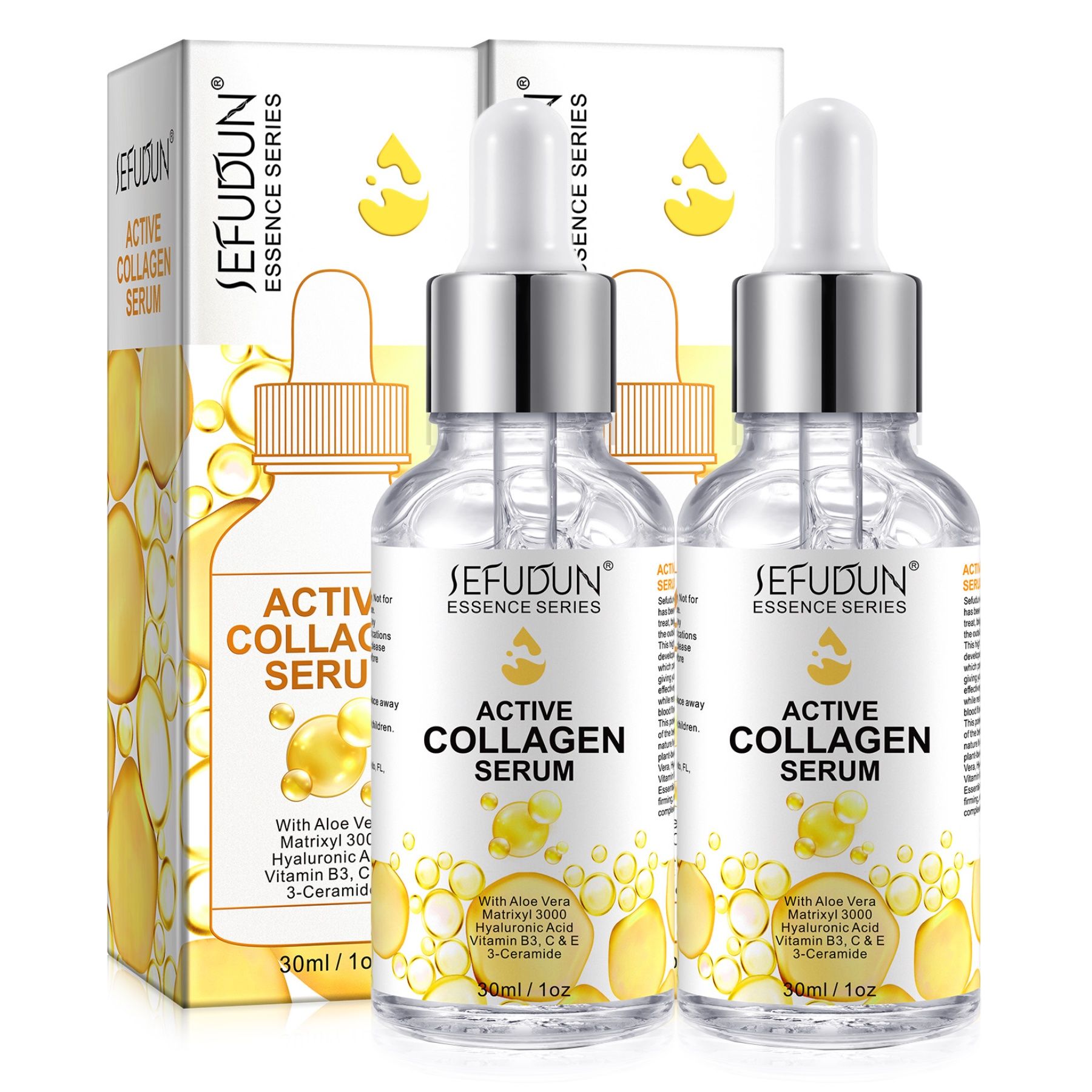 Zwei Flaschen Serum mit Tropfer. Aufschrift: Active Collagen Serum. Verpackung mit Produktabbildung und Text.