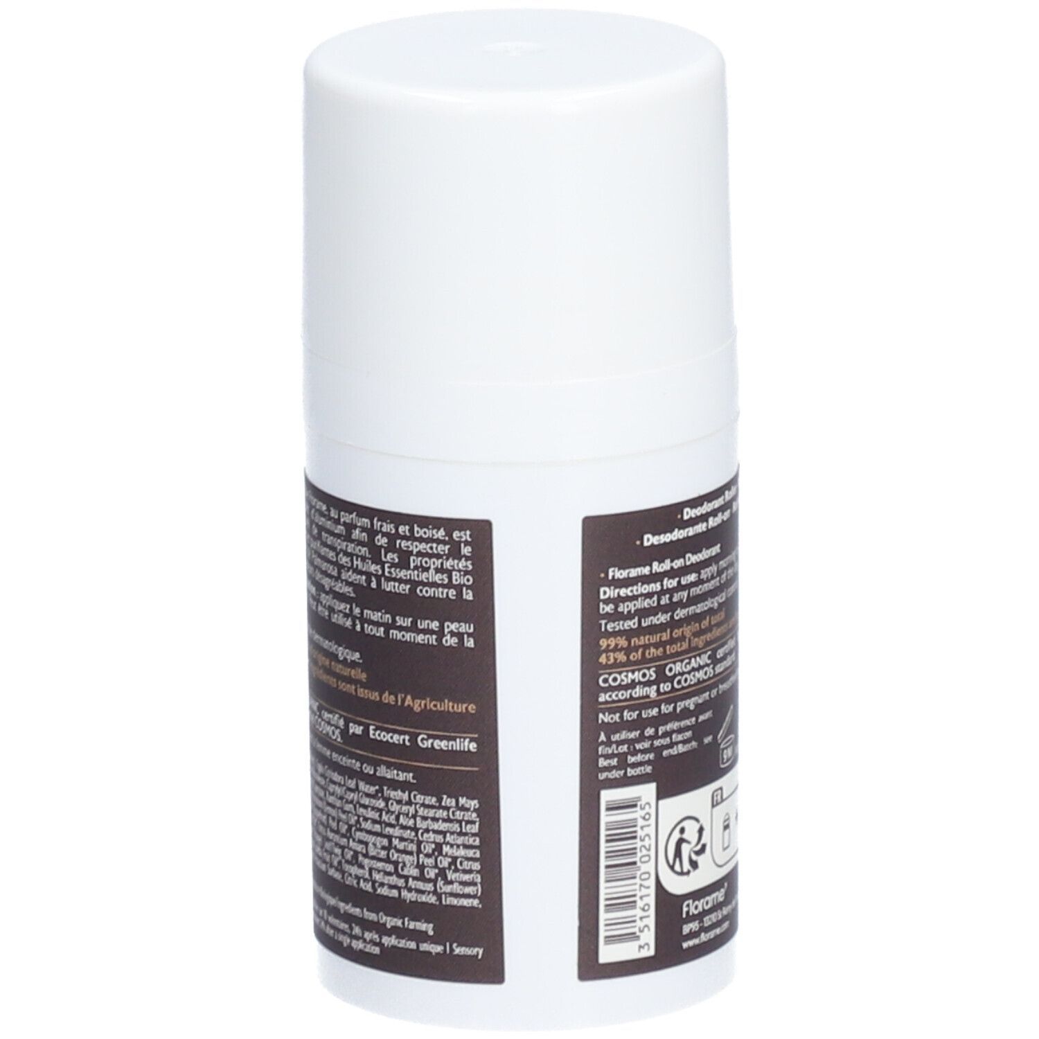 Rückseite des Roll-on-Deos. Weißer Behälter mit braunem Etikett. Text: Florame, Anwendungshinweise, Bio-Zertifizierung.