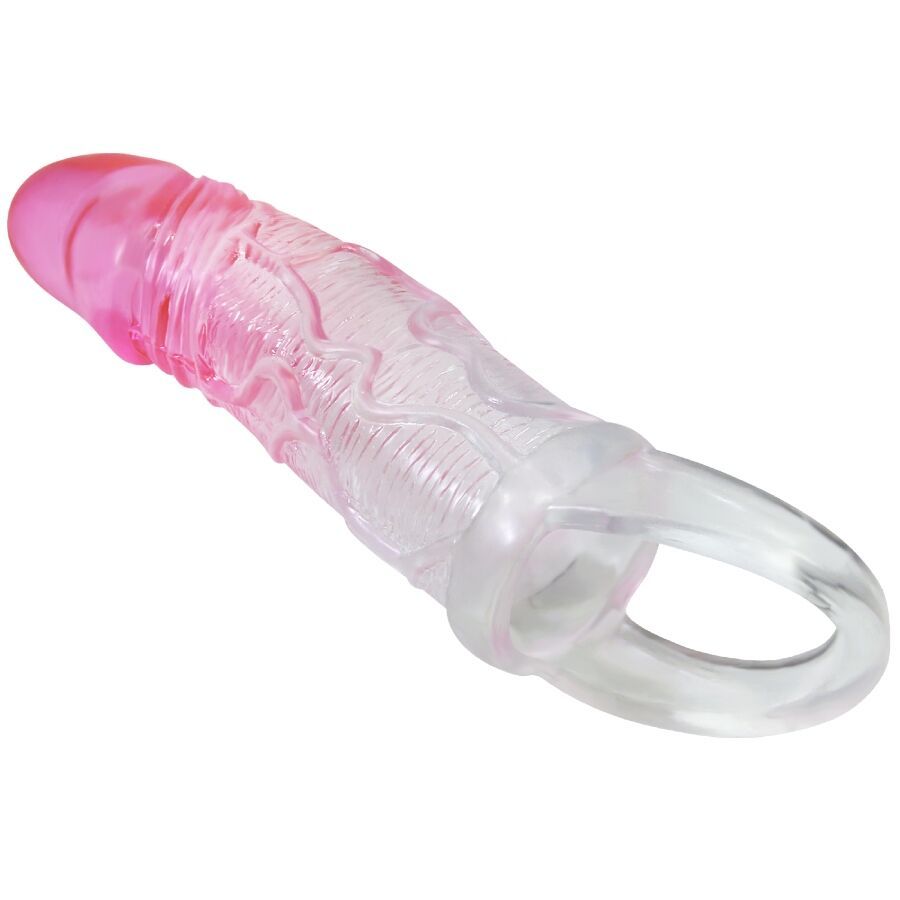 Transparente Penishülle mit rosa Spitze und Ring. Strukturierte Oberfläche. Schräge Ansicht.