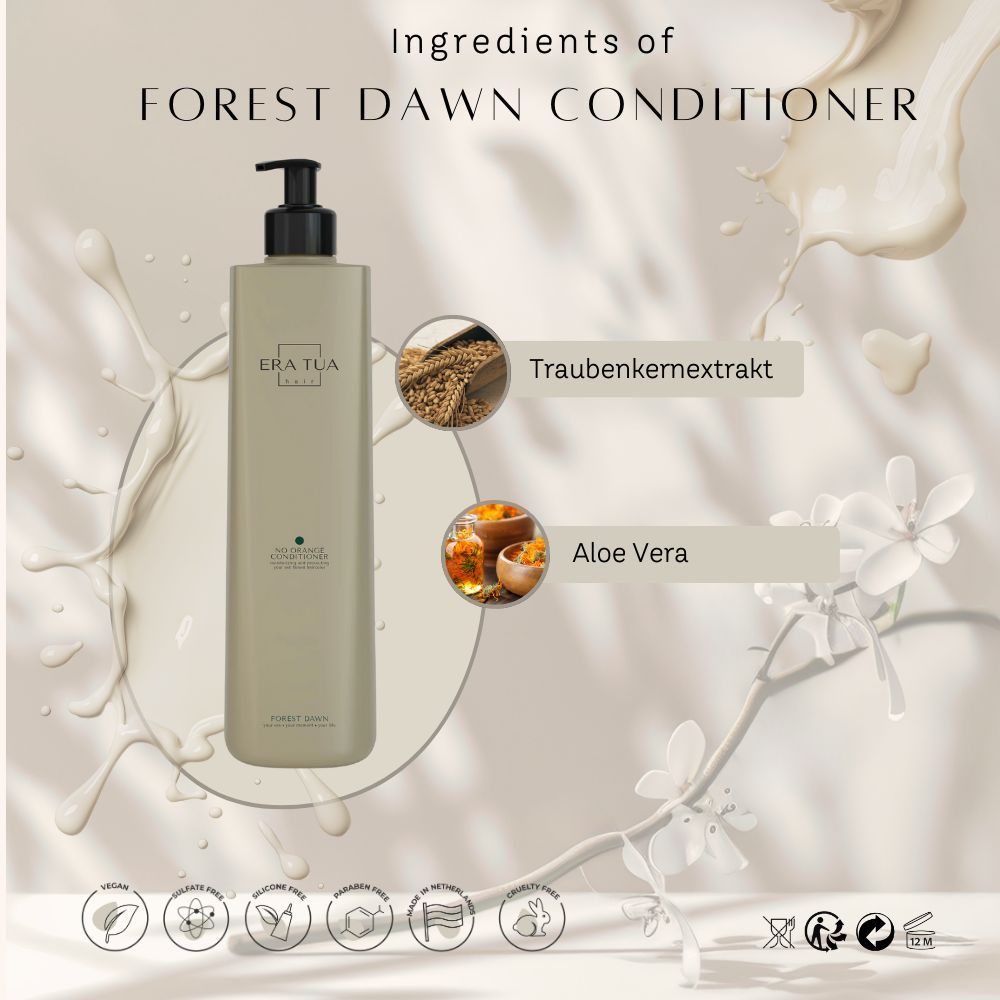 Beige Flasche mit schwarzem Pumpkopf. Text: Era Tua, Forest Dawn Conditioner. Inhaltsstoffe: Traubenkernextrakt, Aloe Vera. Vegan-Siegel.