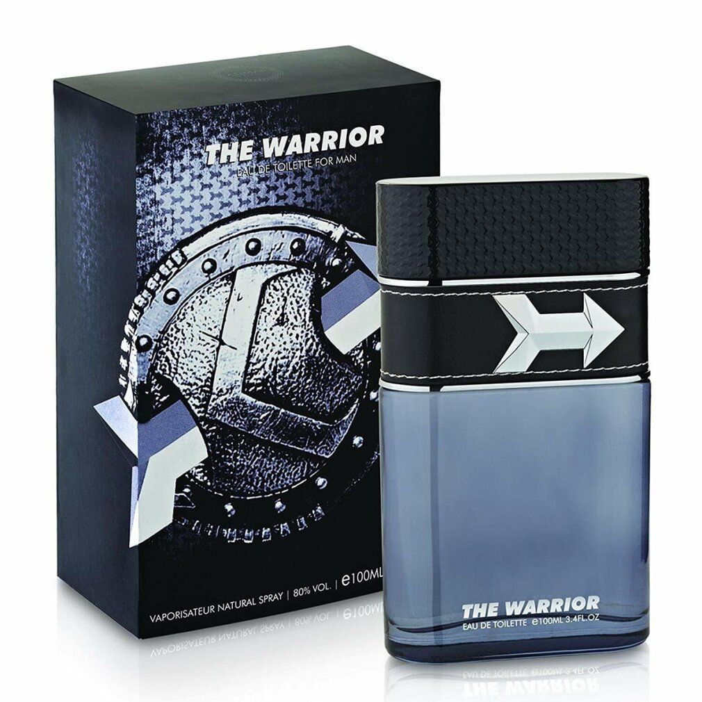 Flakon mit bläulicher Flüssigkeit, schwarzer Deckel. Schwarze Schachtel mit silbernem Design und Text. Produktname: The Warrior.