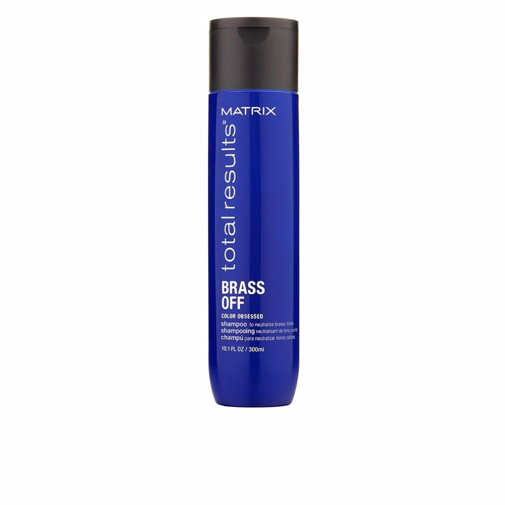 Blaue Shampoo-Flasche mit schwarzem Deckel. Aufschrift: Matrix Total Results Brass Off. 300ml.