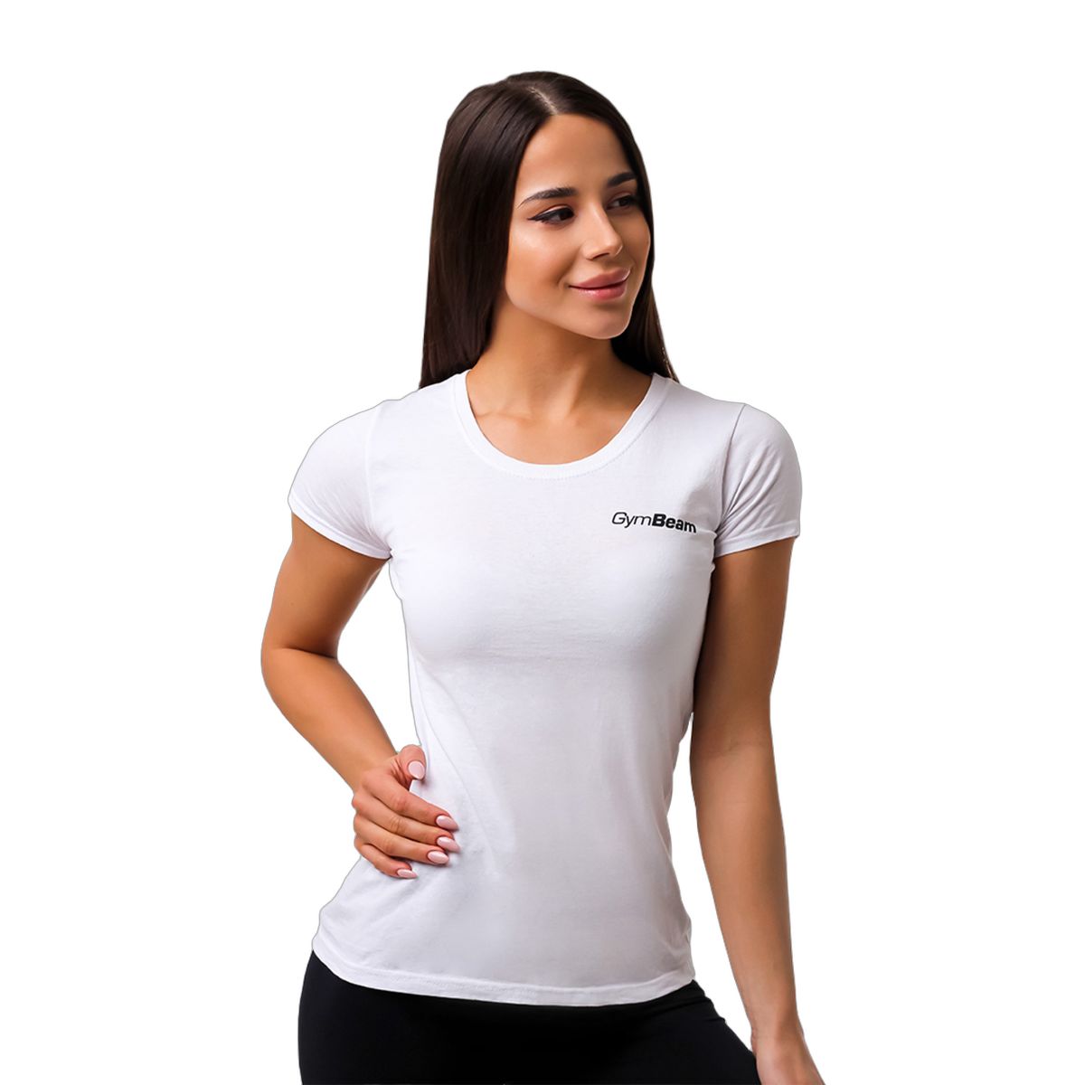 Weißes Basic T-Shirt für Damen, kurzärmlig, mit GymBeam-Logo auf der linken Brustseite.