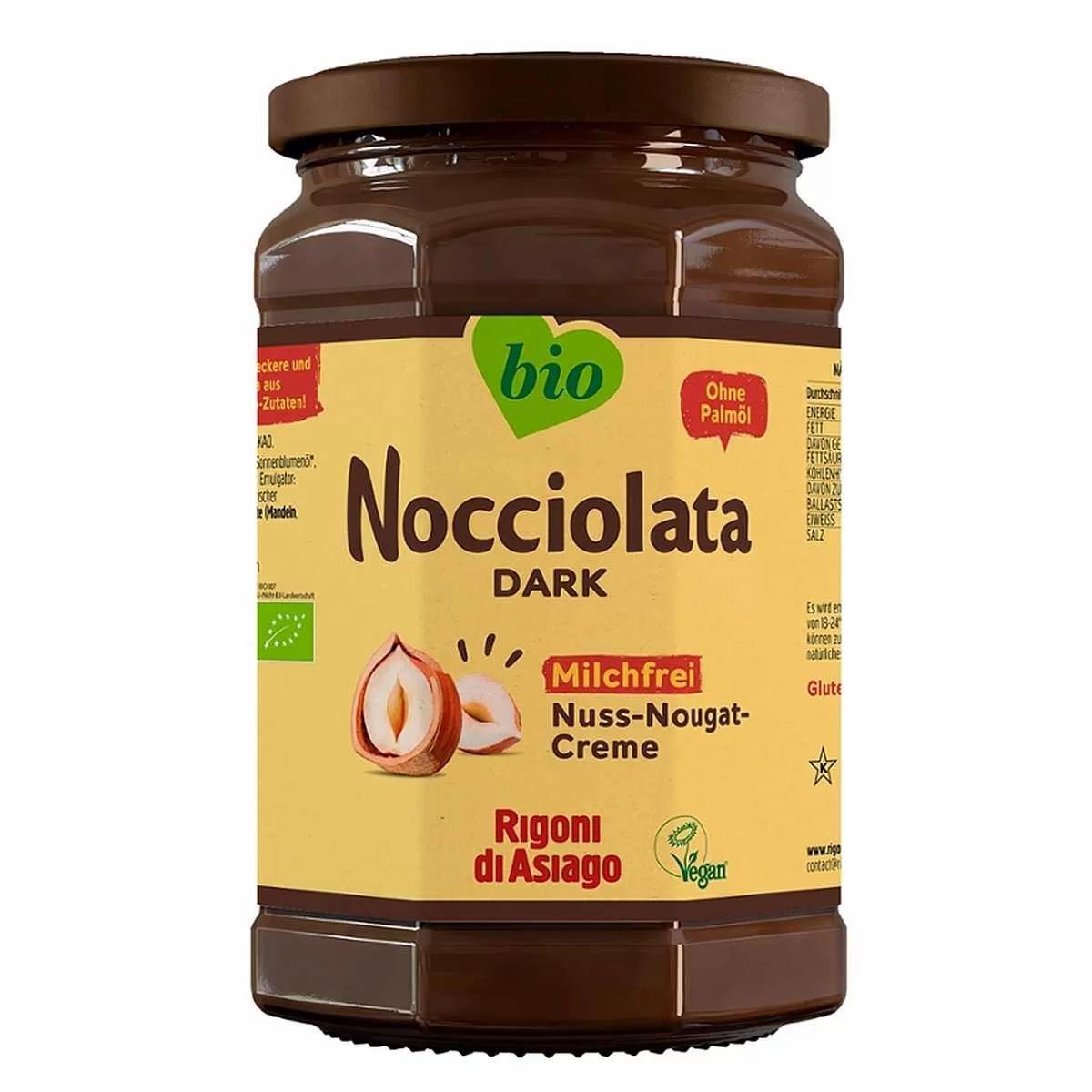 Glas mit Nocciolata Dark Nuss-Nougat-Creme. Aufschrift: Milchfrei, Nuss-Nougat-Creme, Rigoni di Asiago, Bio-Siegel, Vegan.