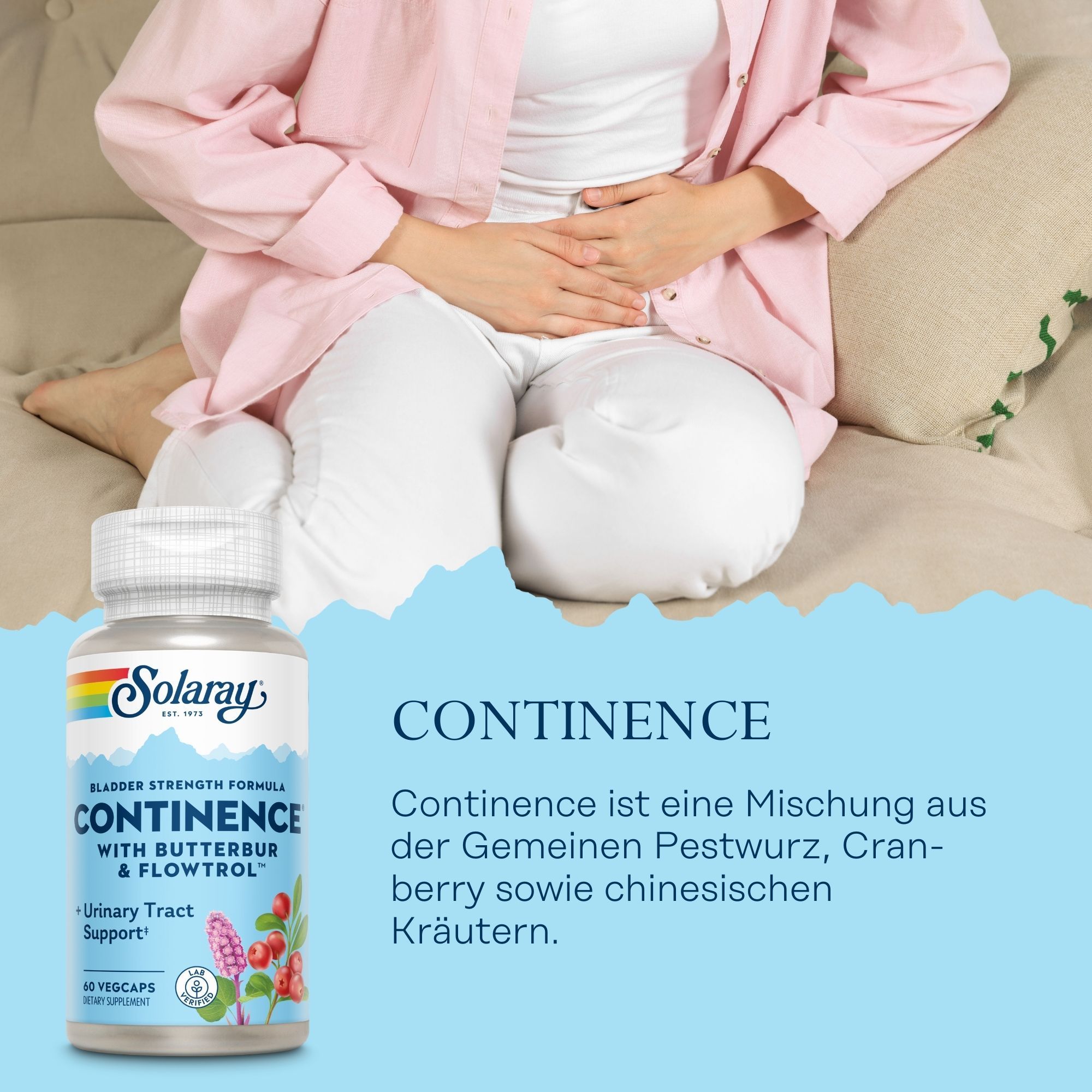 Solaray Continence-Flasche. Aufschrift: Continence, Bladder Strength Formula, mit Butterbur & Flowtrol. 60 Vegcaps.