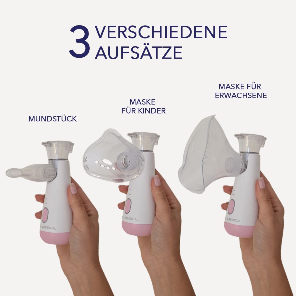 Drei Inhalationsgeräte mit verschiedenen Aufsätzen: Mundstück, Kindermaske, Erwachsenenmaske. IEA MEDICAL-Logo.