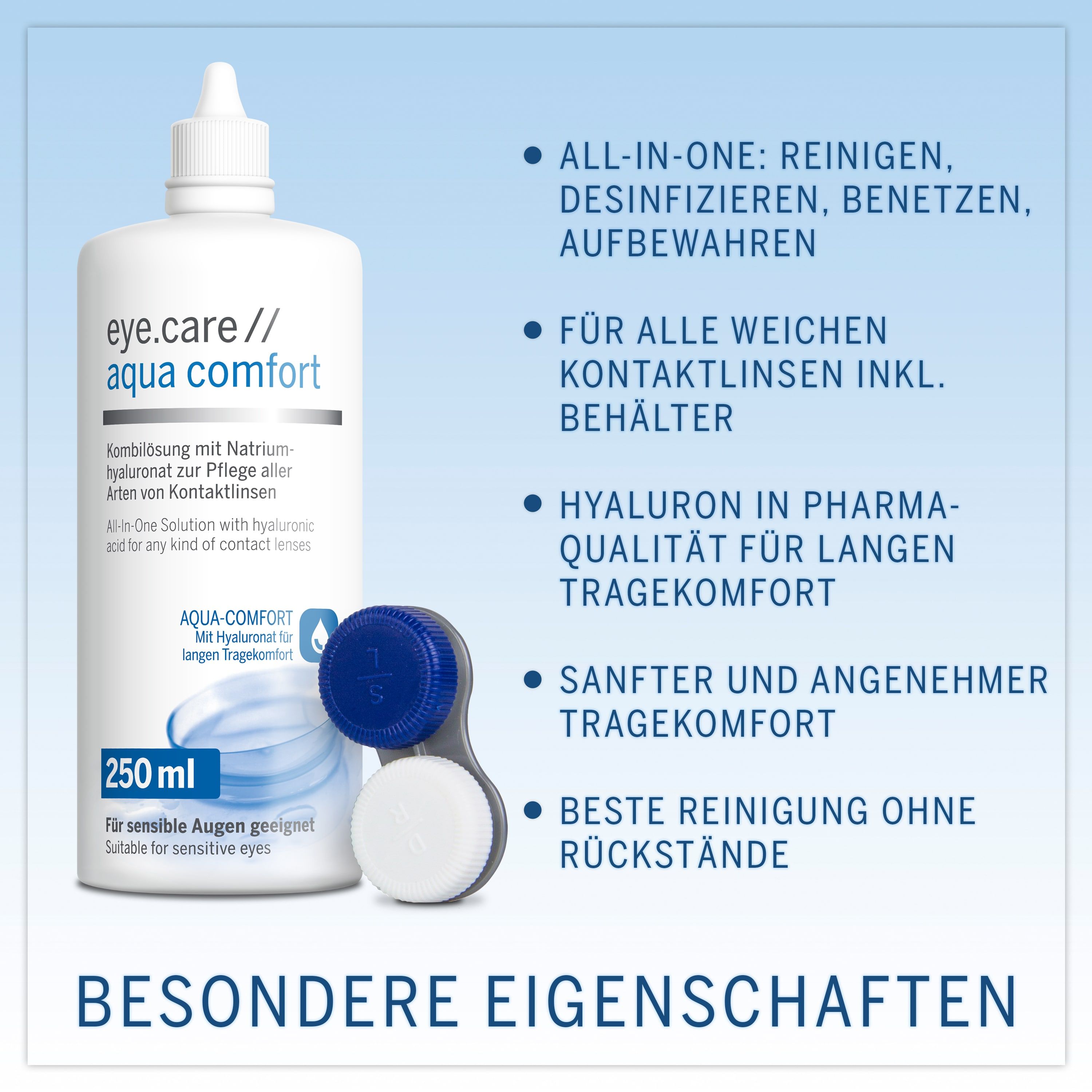 Flasche eye.care // aqua comfort mit Kontaktlinsenbehälter. Text: All-in-One, für weiche Kontaktlinsen.