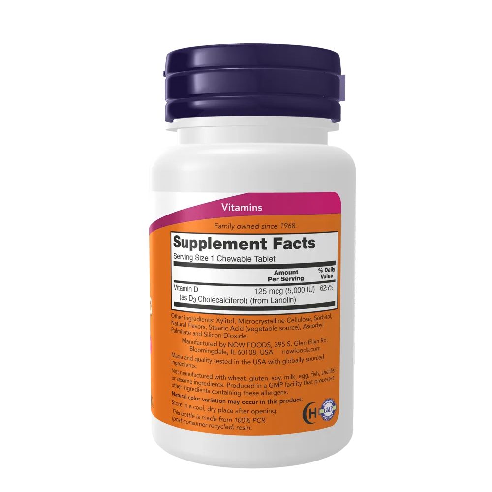 NOW Vitamin D-3 Flasche mit Supplement Facts Etikett, 125 mcg (5000 IE).