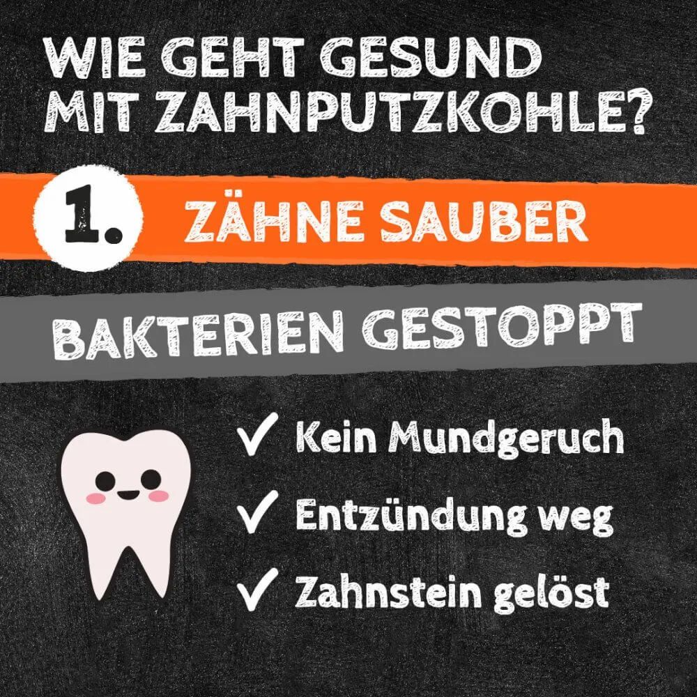 Infografik mit Text: Zähne sauber, Bakterien gestoppt. Vorteile: Kein Mundgeruch, Entzündung weg, Zahnstein gelöst. Gezeichneter Zahn.