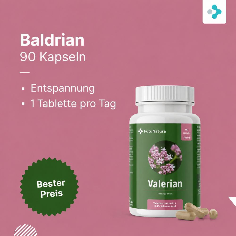 Flasche Baldrian-Kapseln (90 Stk.) mit Text: Entspannung, 1 Tablette pro Tag, Bester Preis.