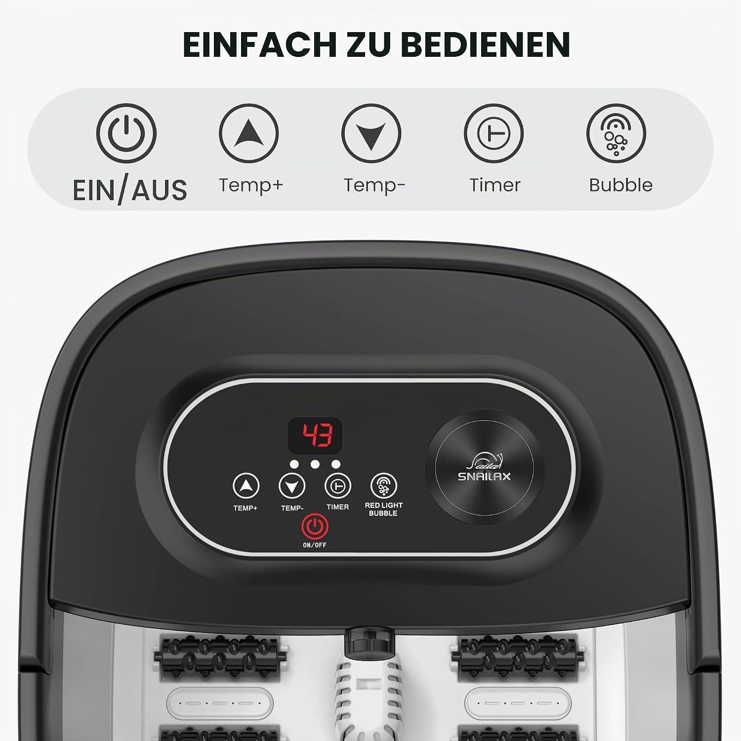 Bedienfeld eines Fußbades mit Temperaturanzeige (43°C), Timer und Sprudel-Funktion.