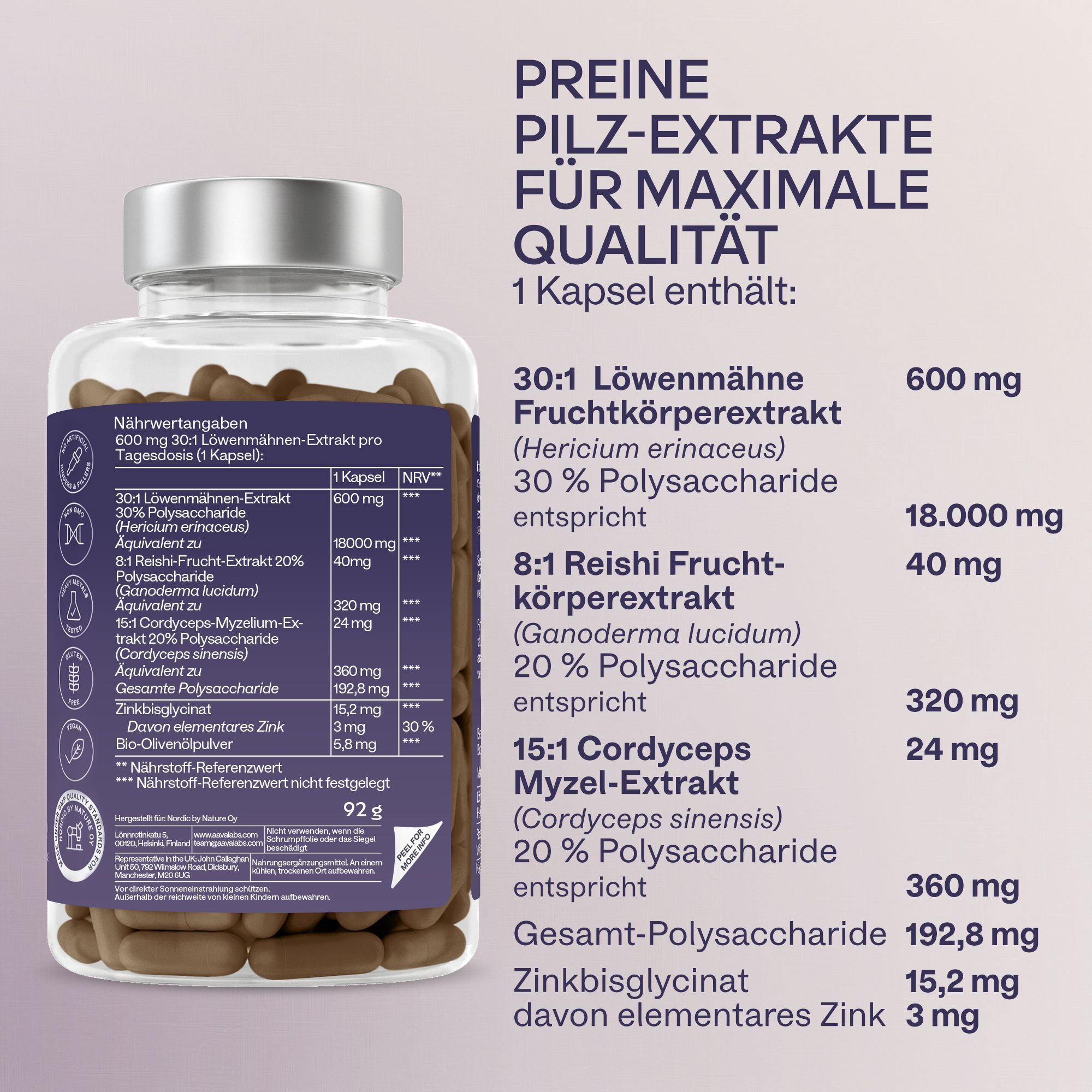 Nährwerttabelle mit Inhaltsstoffen und Mengen. Enthält Löwenmähne, Reishi, Cordyceps und Zink. 1 Kapsel enthält 600mg.