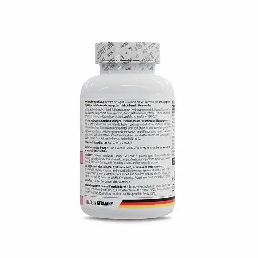 Weiße Flasche mit Kapseln. Aufschrift: MST Skin & Beauty Formula. Rosa Etikett mit Produktinformationen. 120 Kapseln. Verisol.