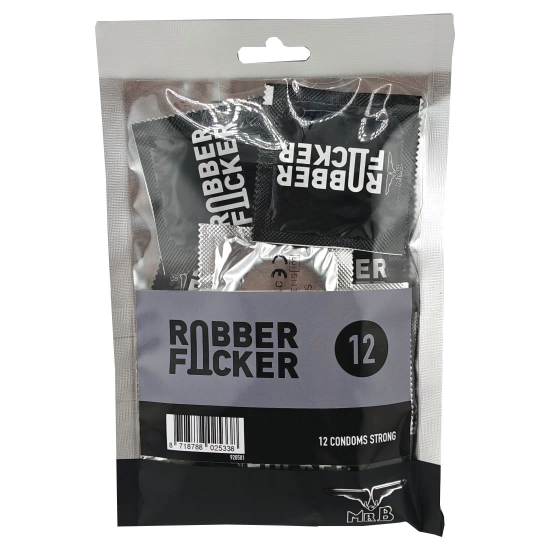 Packung mit 12 Kondomen der Marke Mister B, Modell Rubber Focker.
