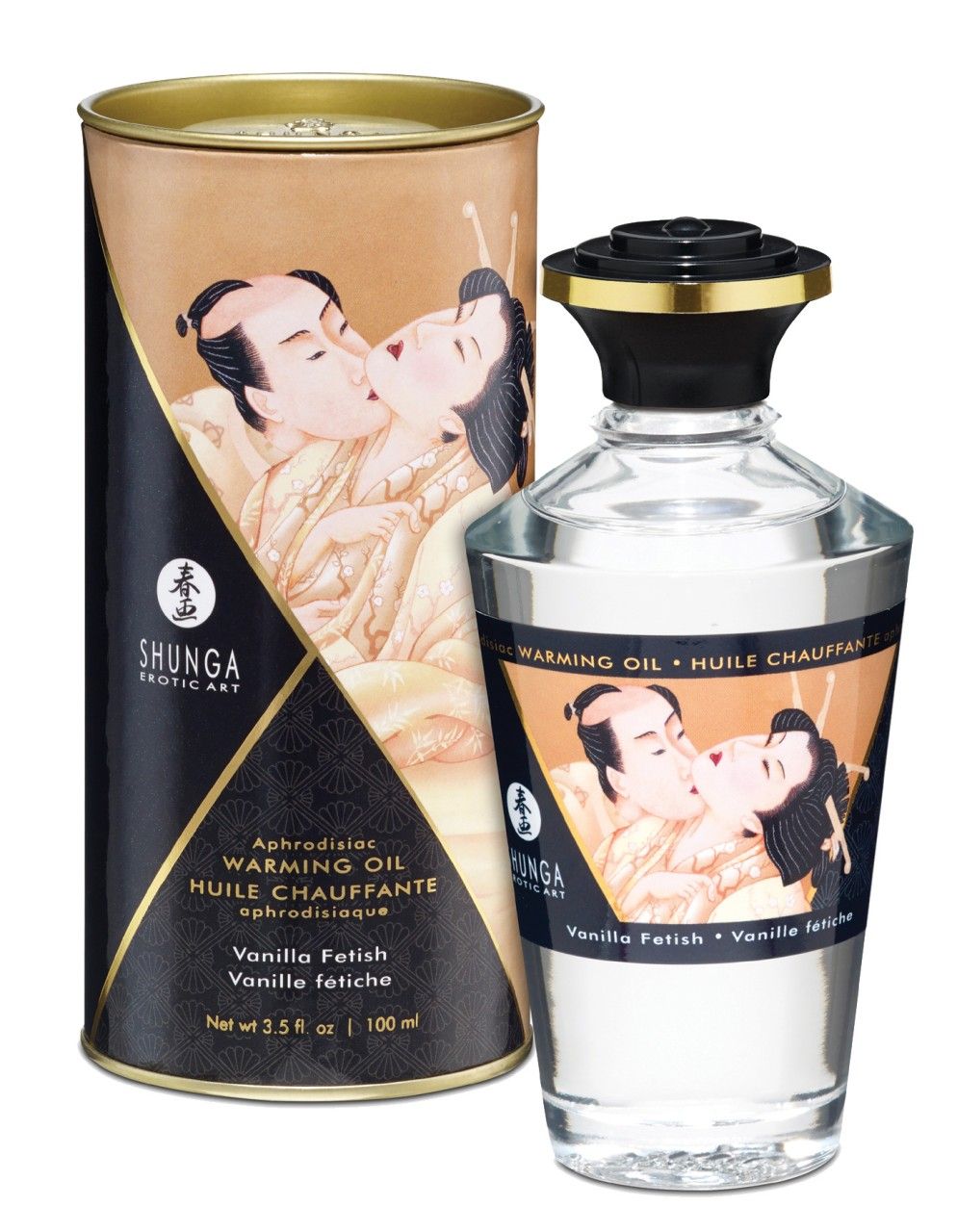 Zylindrische Verpackung und Flasche. Text: Shunga, Warming Oil, Vanilla Fetish. Goldener Deckel.