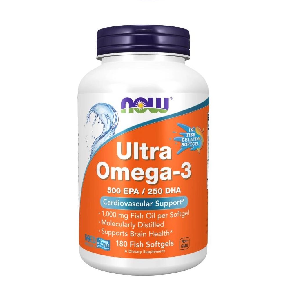 NOW Ultra Omega-3 Flasche mit 180 Fisch-Softgels. Enthält 500 mg EPA und 250 mg DHA pro Softgel.