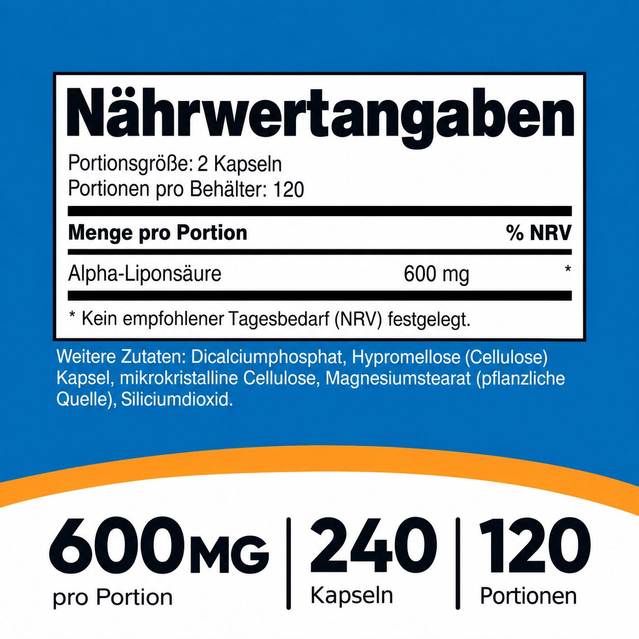 Nutricost Alpha-Liponsäure Flasche, 240 Kapseln, 600mg pro Portion.