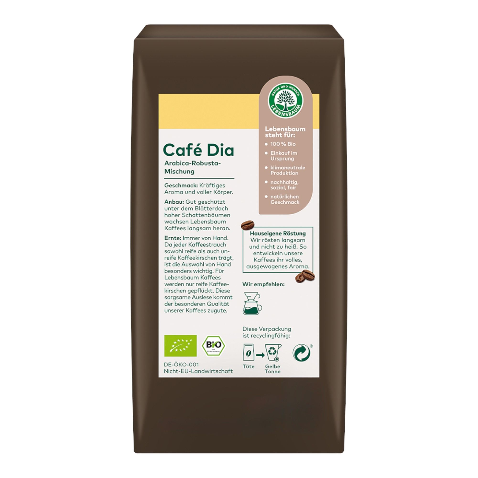 Braune Kaffeeverpackung mit gelbem Etikett. Enthält Bio-Siegel und Informationen zur Kaffeemischung.