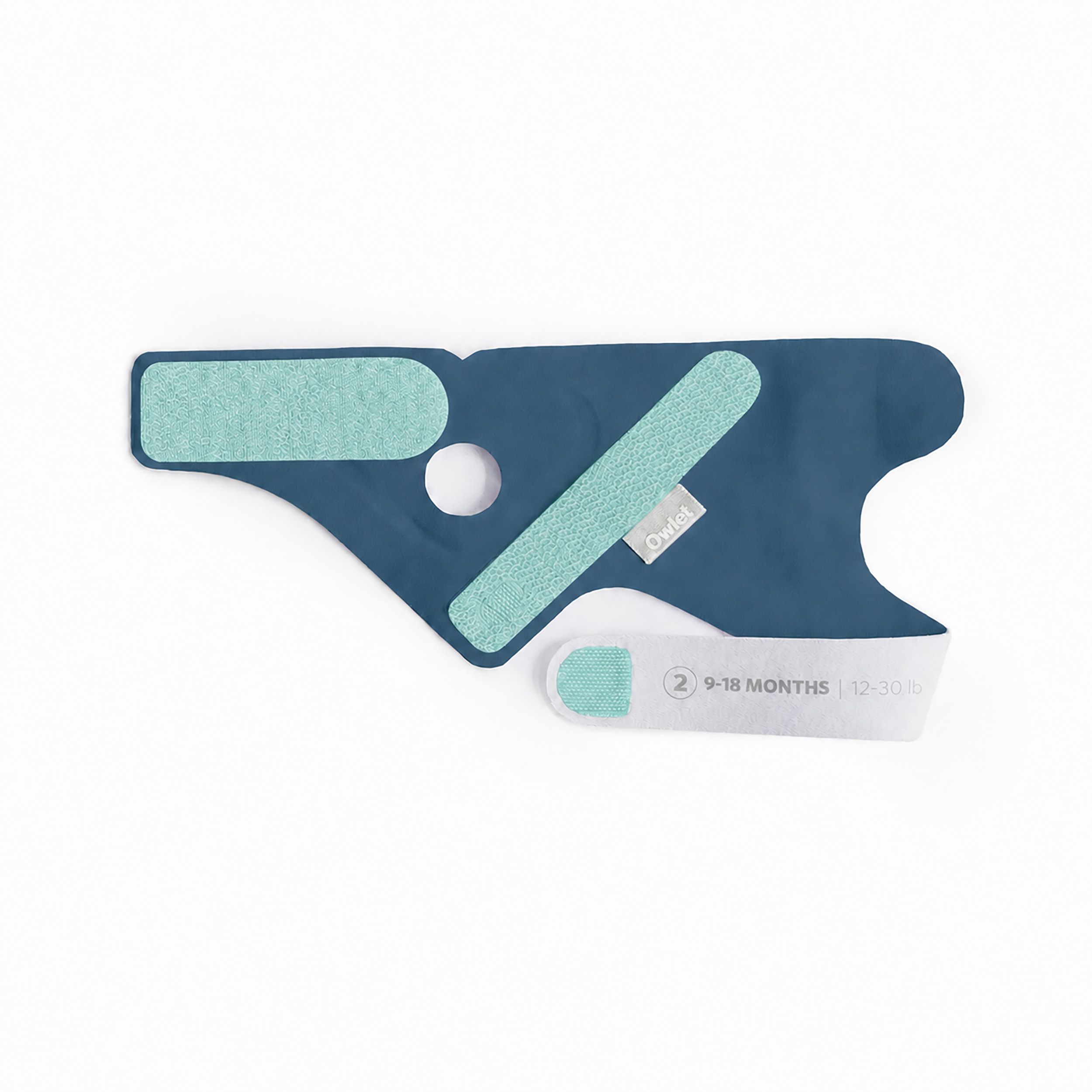Owlet Sensor: Blauer Stoff-Sensor mit Klettverschluss und Größenangabe '9-18 MONTHS'.