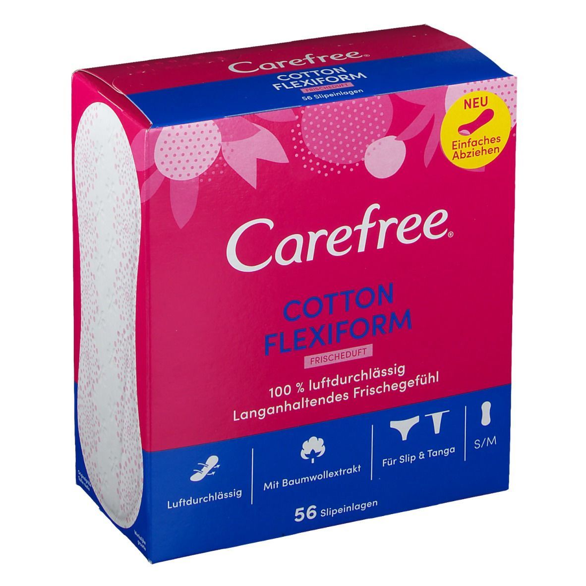Carefree Cotton Flexiform Packung. Rosa-blaue Verpackung mit Produktinformationen und 56 Slipeinlagen. Mit Frischeduft.
