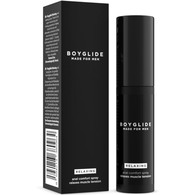 Schwarze Flasche und Verpackung. Text: BOYGLIDE, Relaxing. Anal-Komfort-Spray. Dermatologisch getestet.