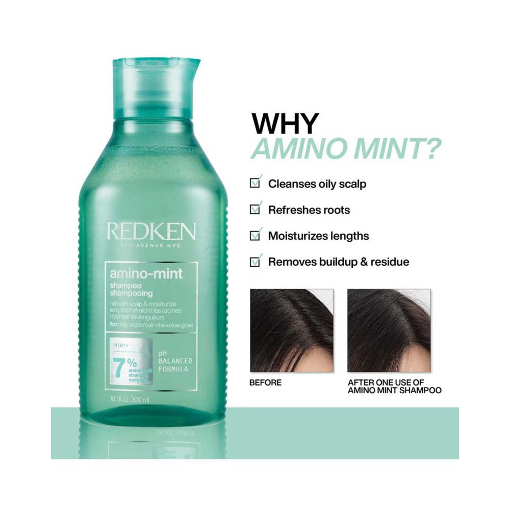 Grüne Redken Amino Mint Shampoo Flasche. Text: Reinigt fettige Kopfhaut, erfrischt die Wurzeln, spendet Feuchtigkeit, entfernt Ablagerungen.